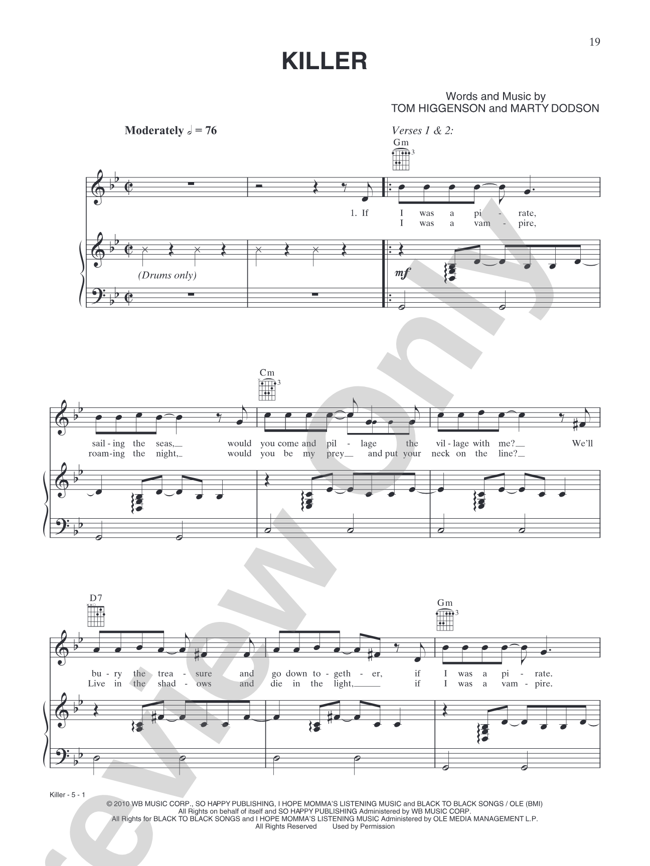 Killer: Piano/Vocal/Chords