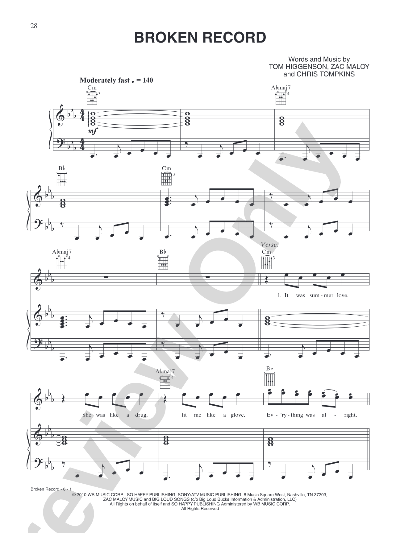 Broken Record: Piano/Vocal/Chords