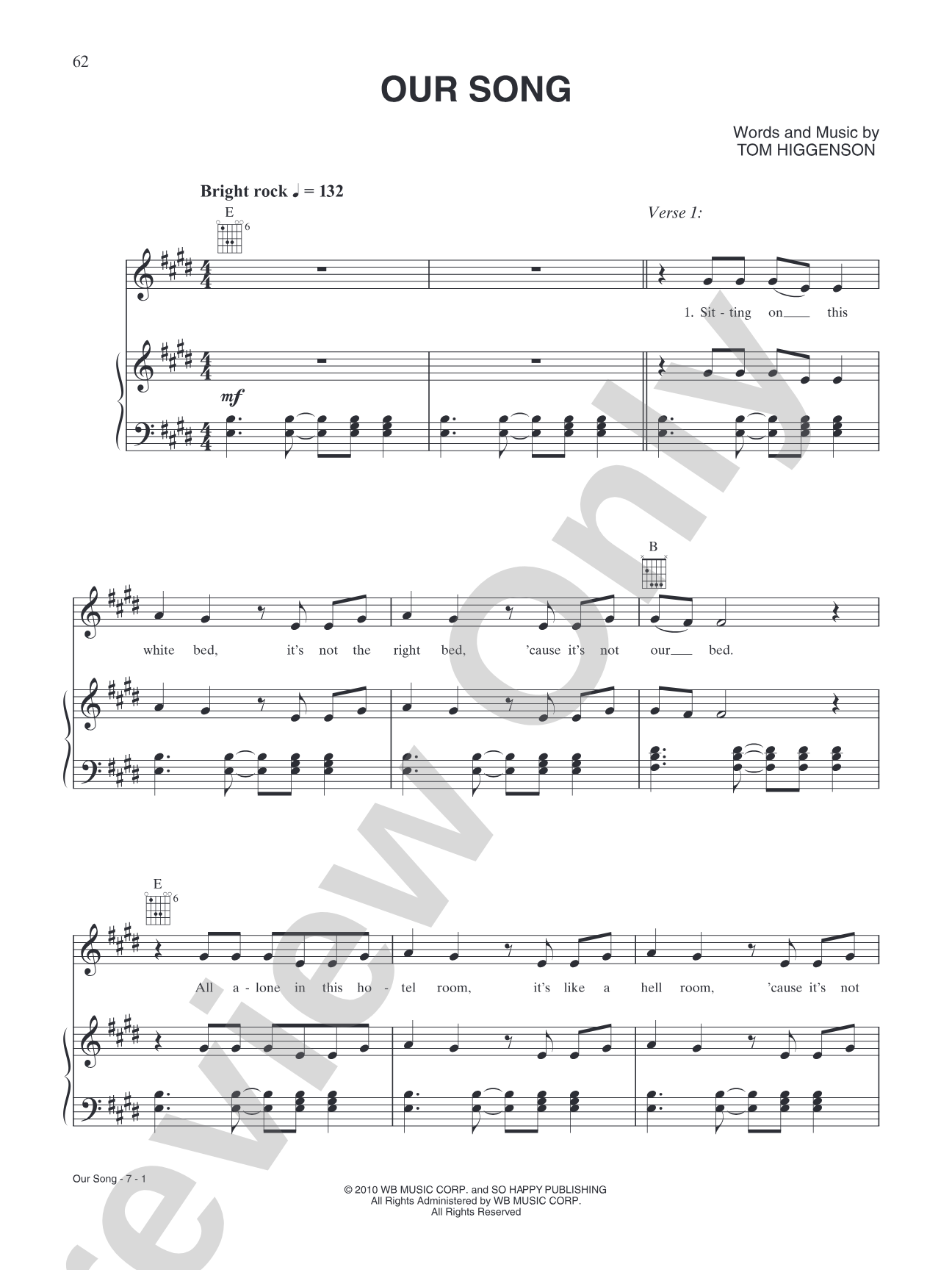 Our Song: Piano/Vocal/Chords