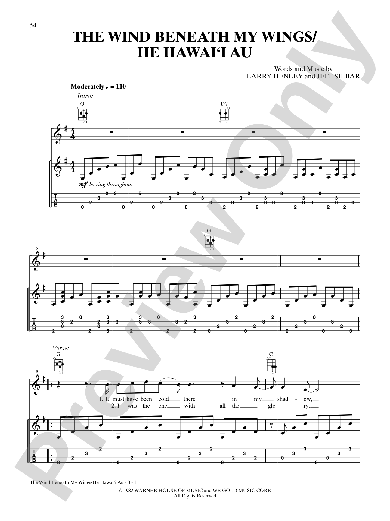 The Wind Beneath My Wings/He Hawai'i Au: Ukulele TAB