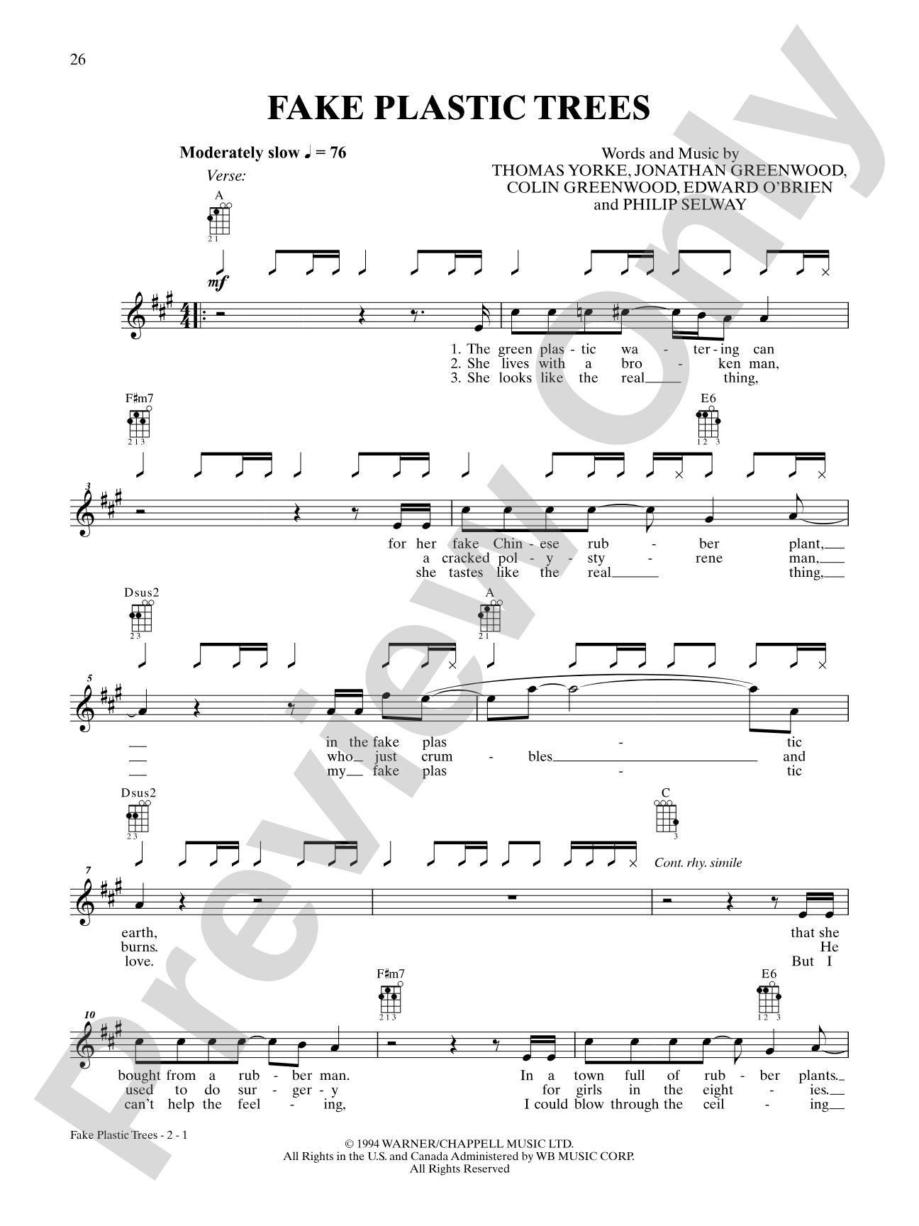 Fake Plastic Trees: Ukulele TAB