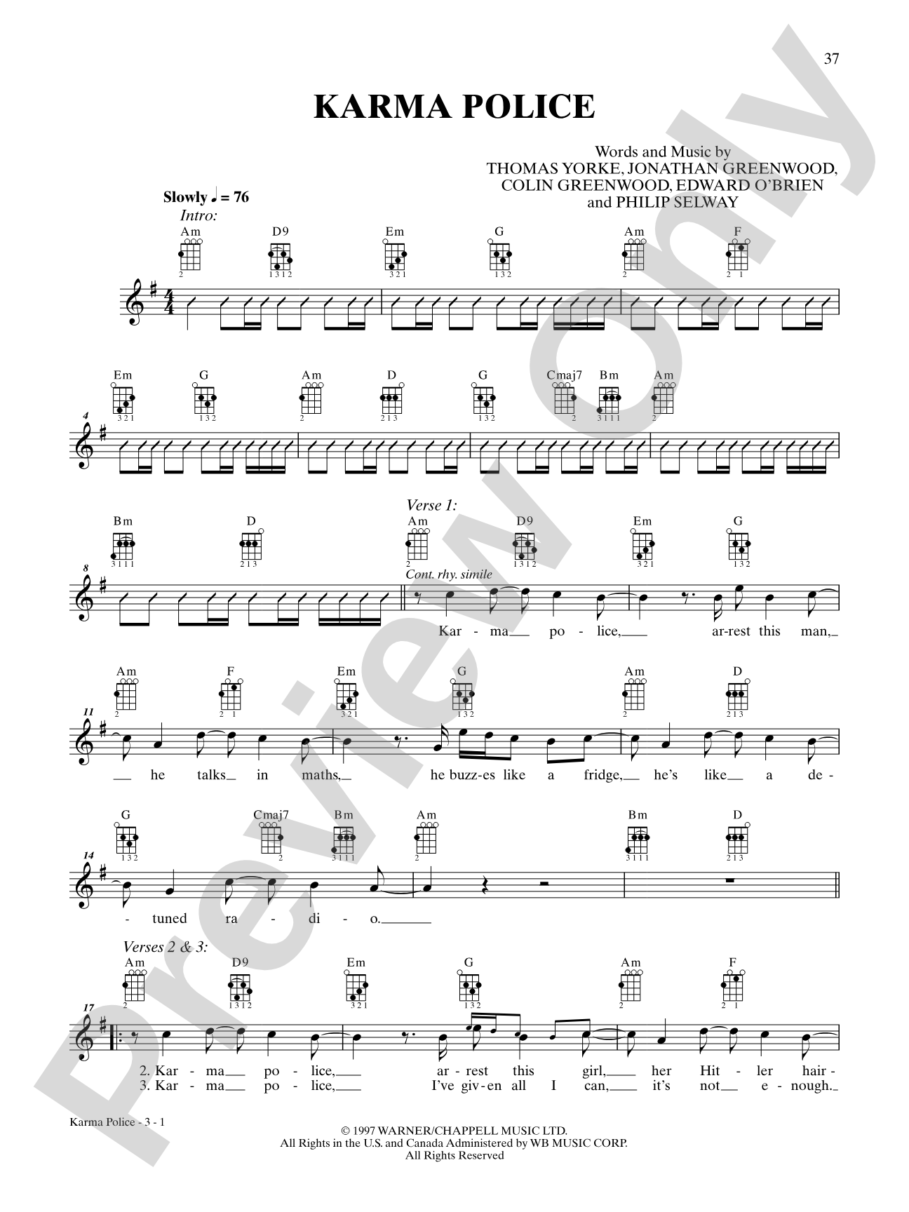 Karma Police: Ukulele TAB