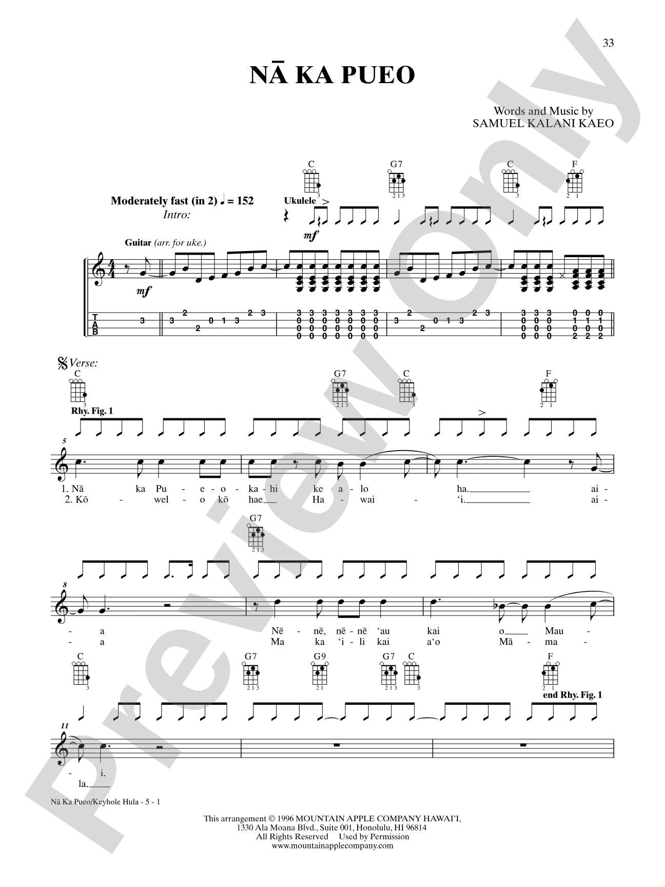 Na Ka Pueo/Keyhole Hula: Ukulele TAB