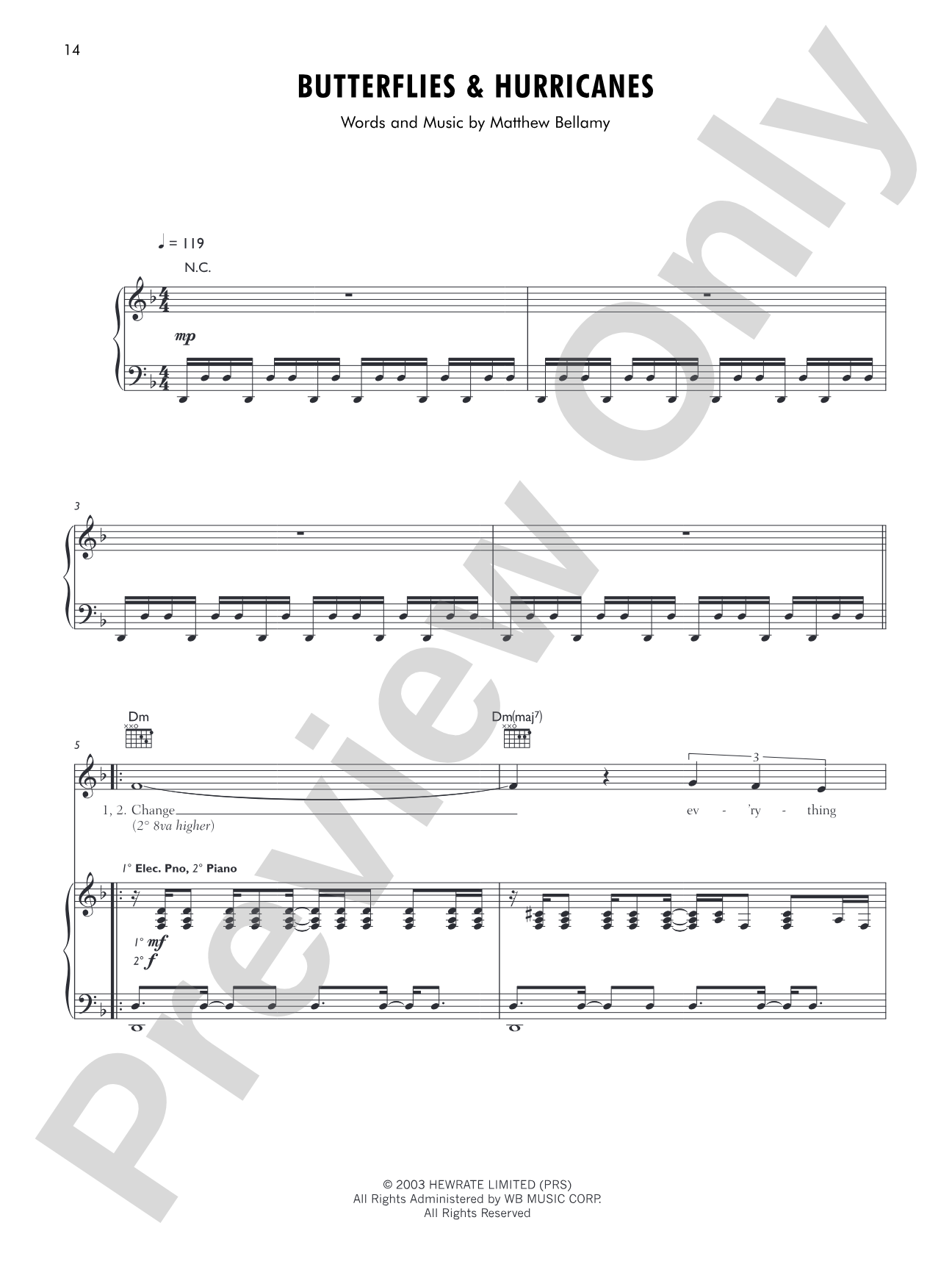 Butterflies & Hurricanes: Piano/Vocal/Chords