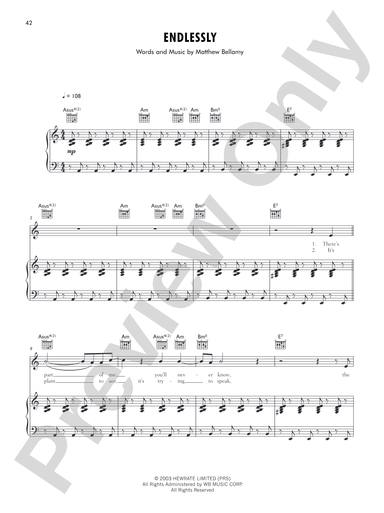 Endlessly: Piano/Vocal/Chords