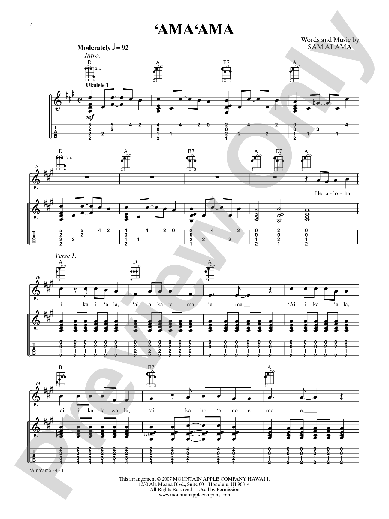 'Ama 'Ama: Ukulele TAB