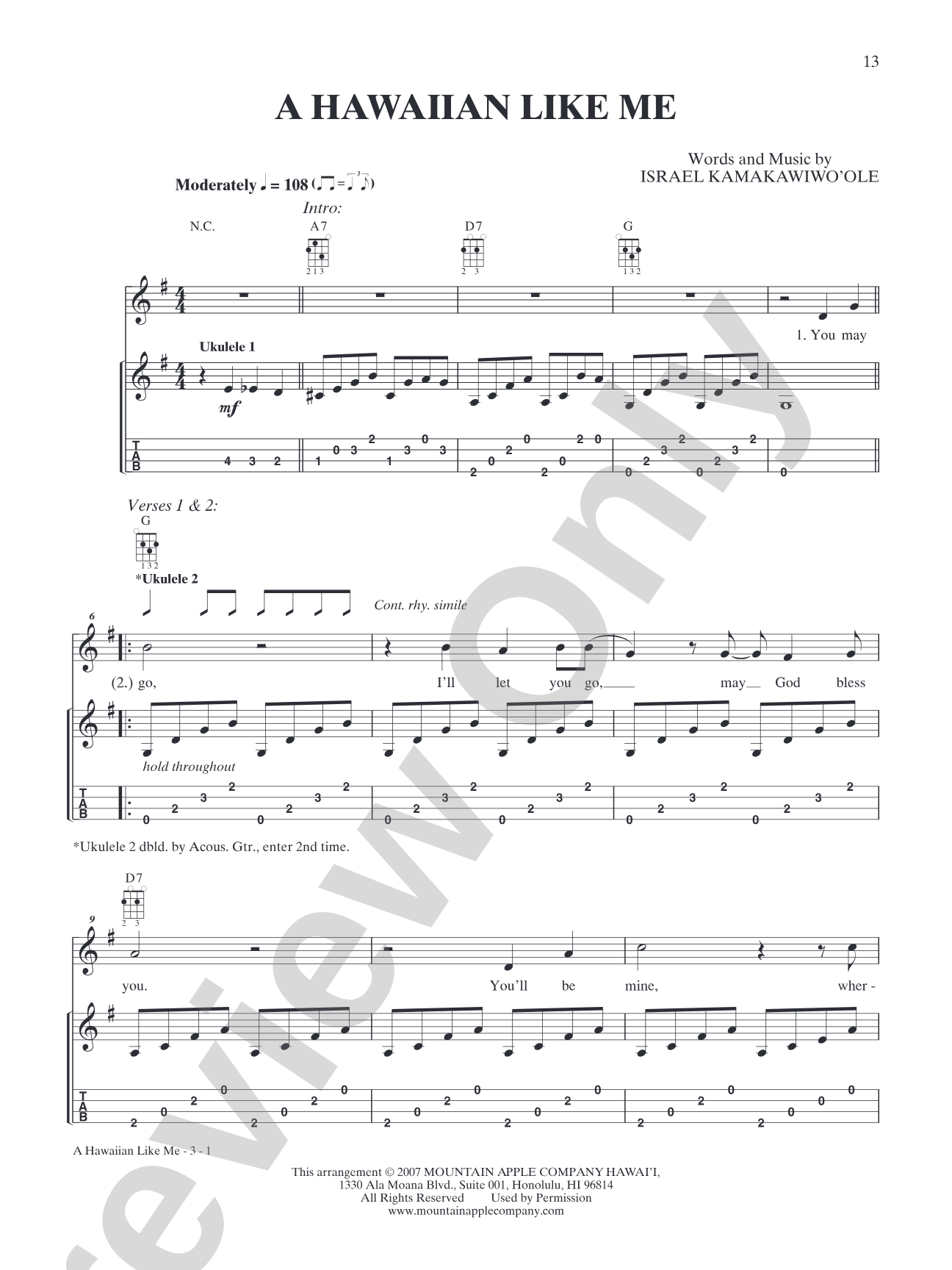 A Hawaiian Like Me: Ukulele TAB