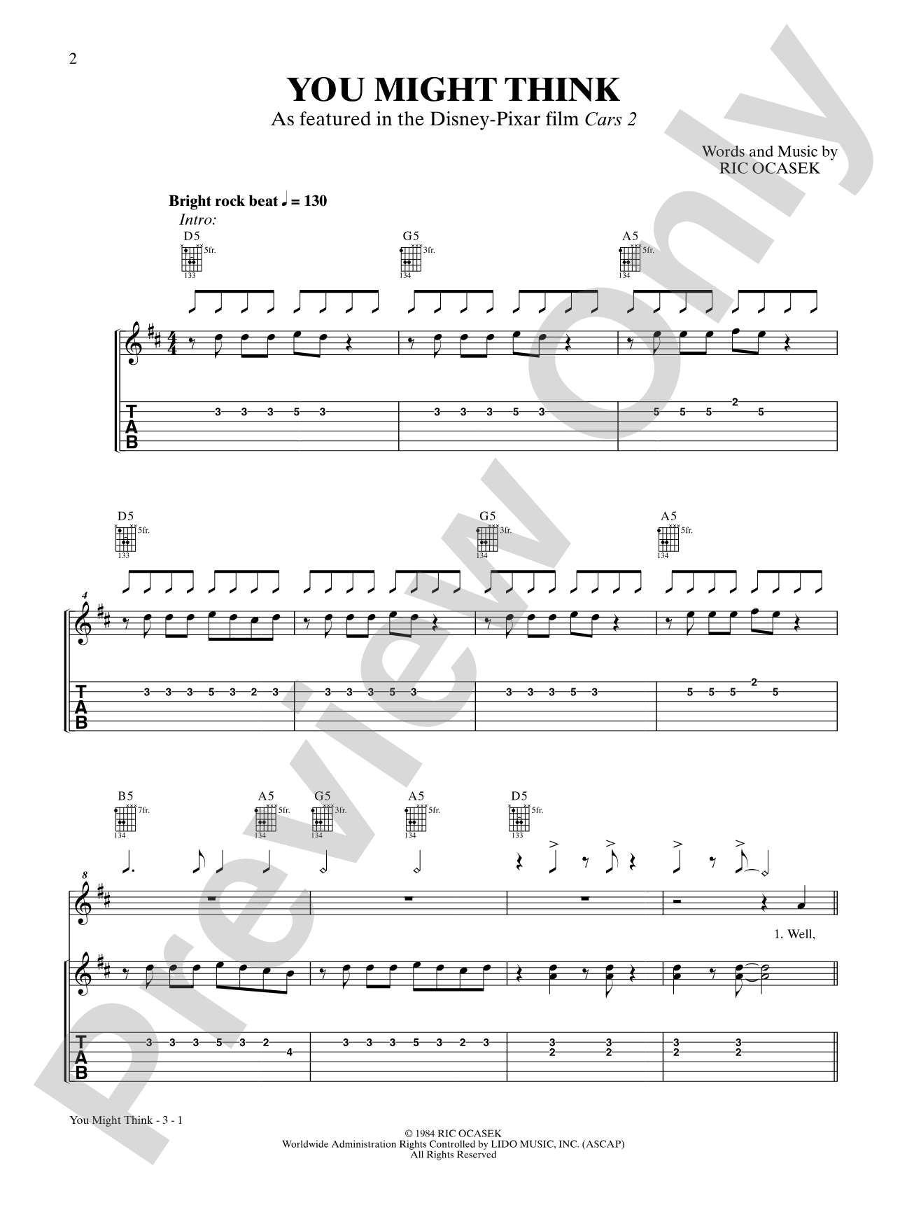 You Might Think (from "Cars 2"): Authentic Guitar TAB Digital Sheet Music