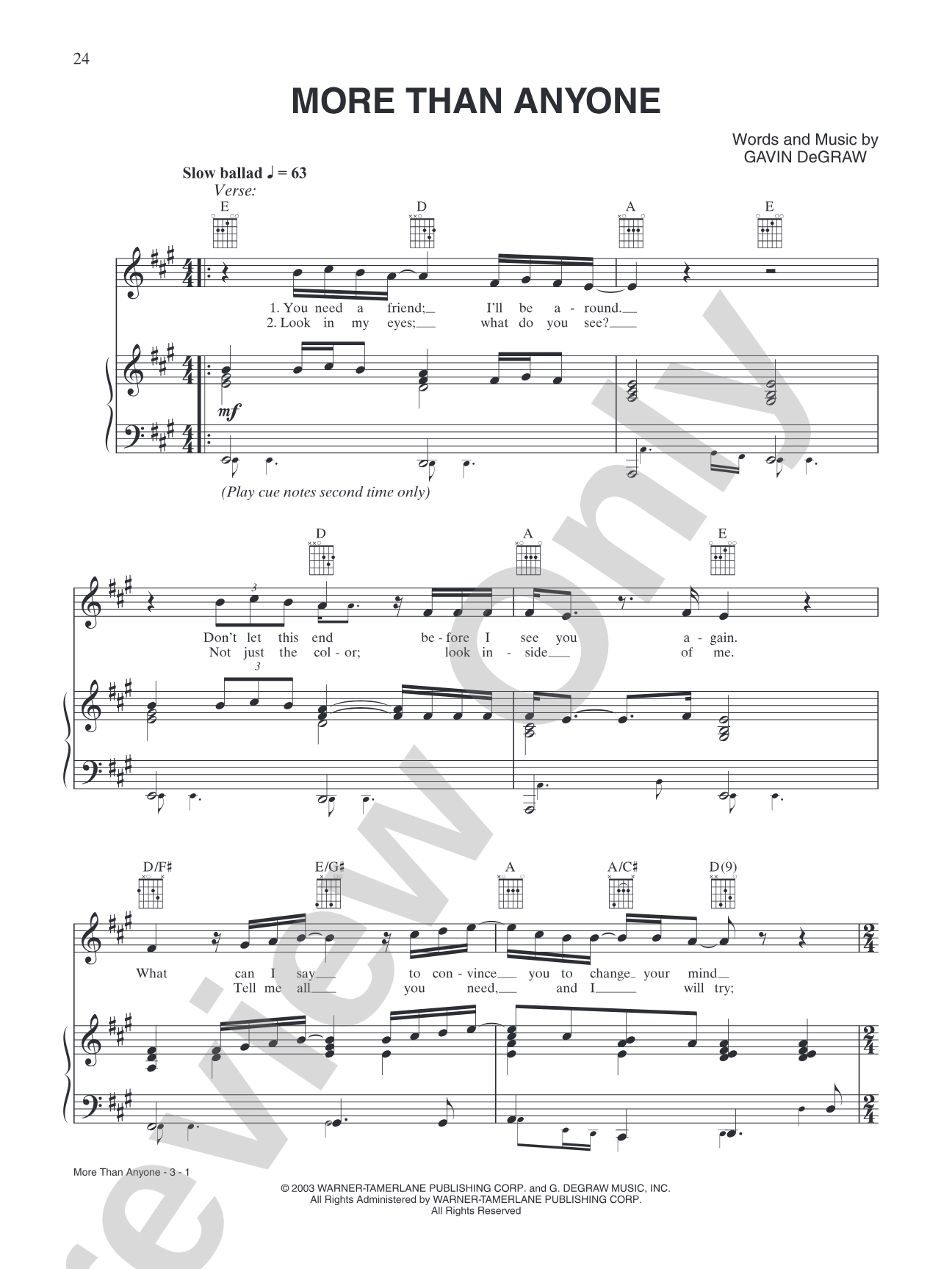 More Than Anyone: Piano/Vocal/Chords