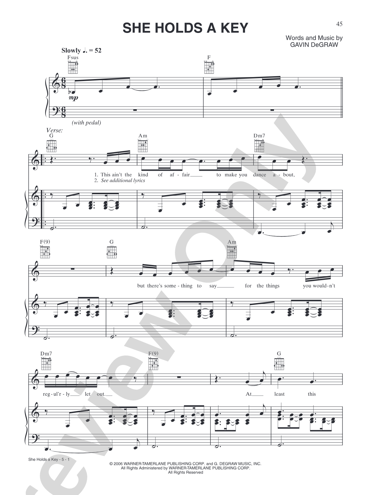 She Holds a Key: Piano/Vocal/Chords