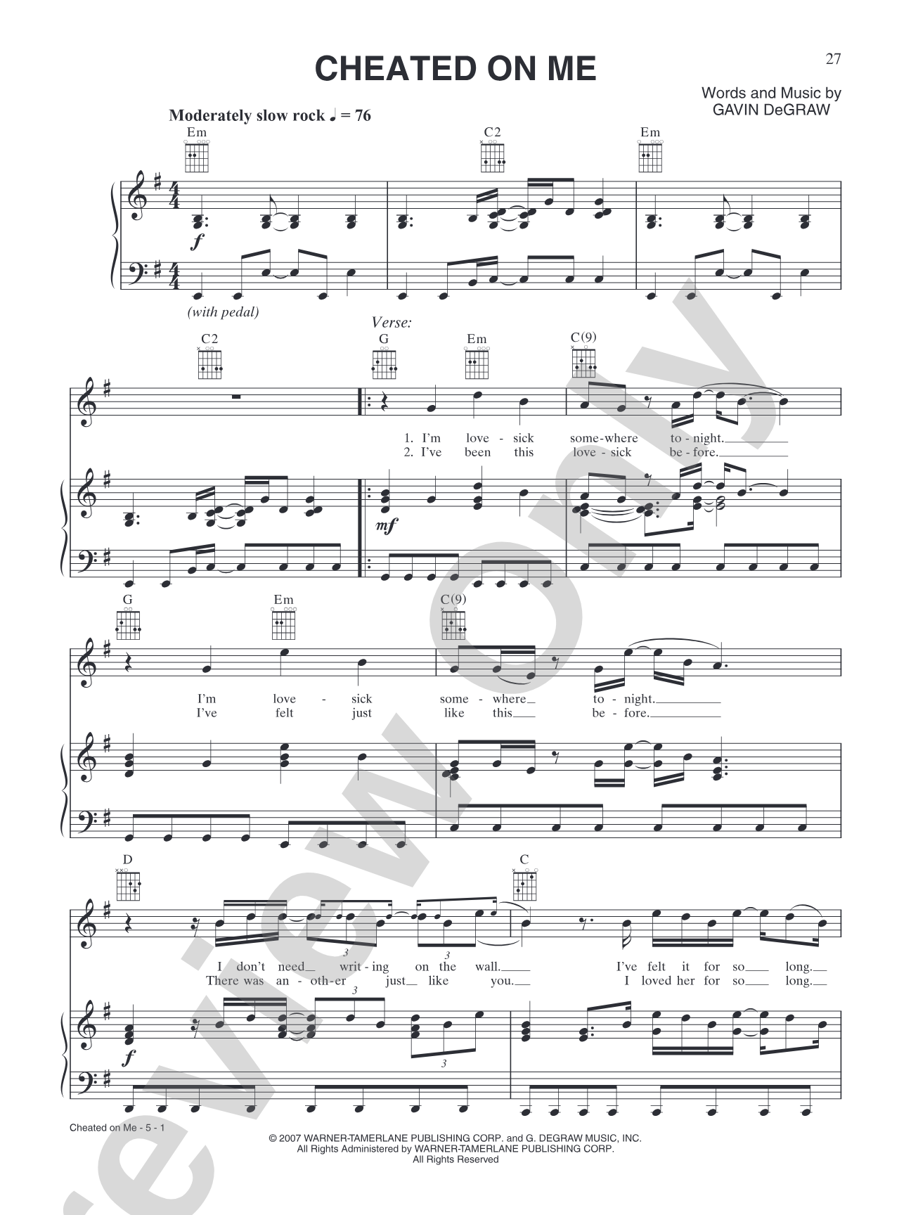 Cheated On Me: Piano/Vocal/Chords