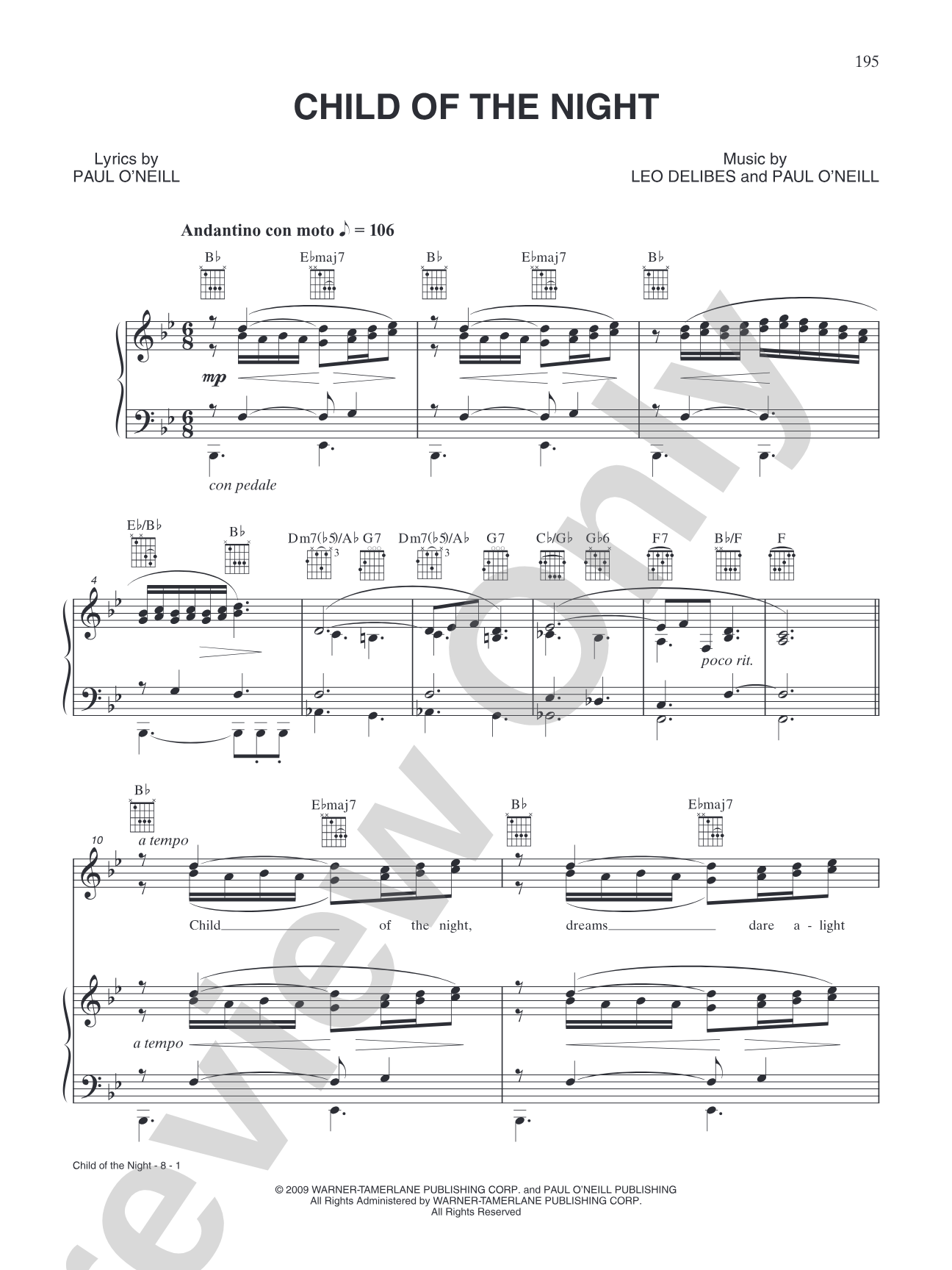 Child of the Night: Piano/Vocal/Chords