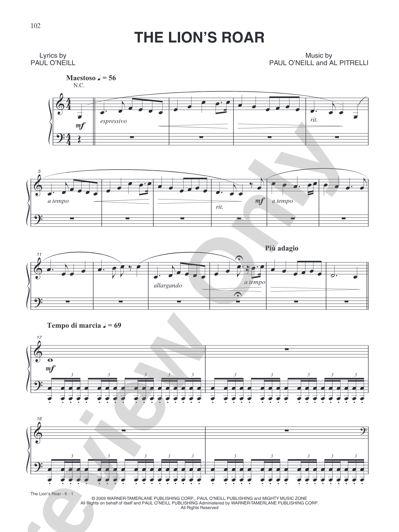 The Lion's Roary: Piano/Vocal/Chords