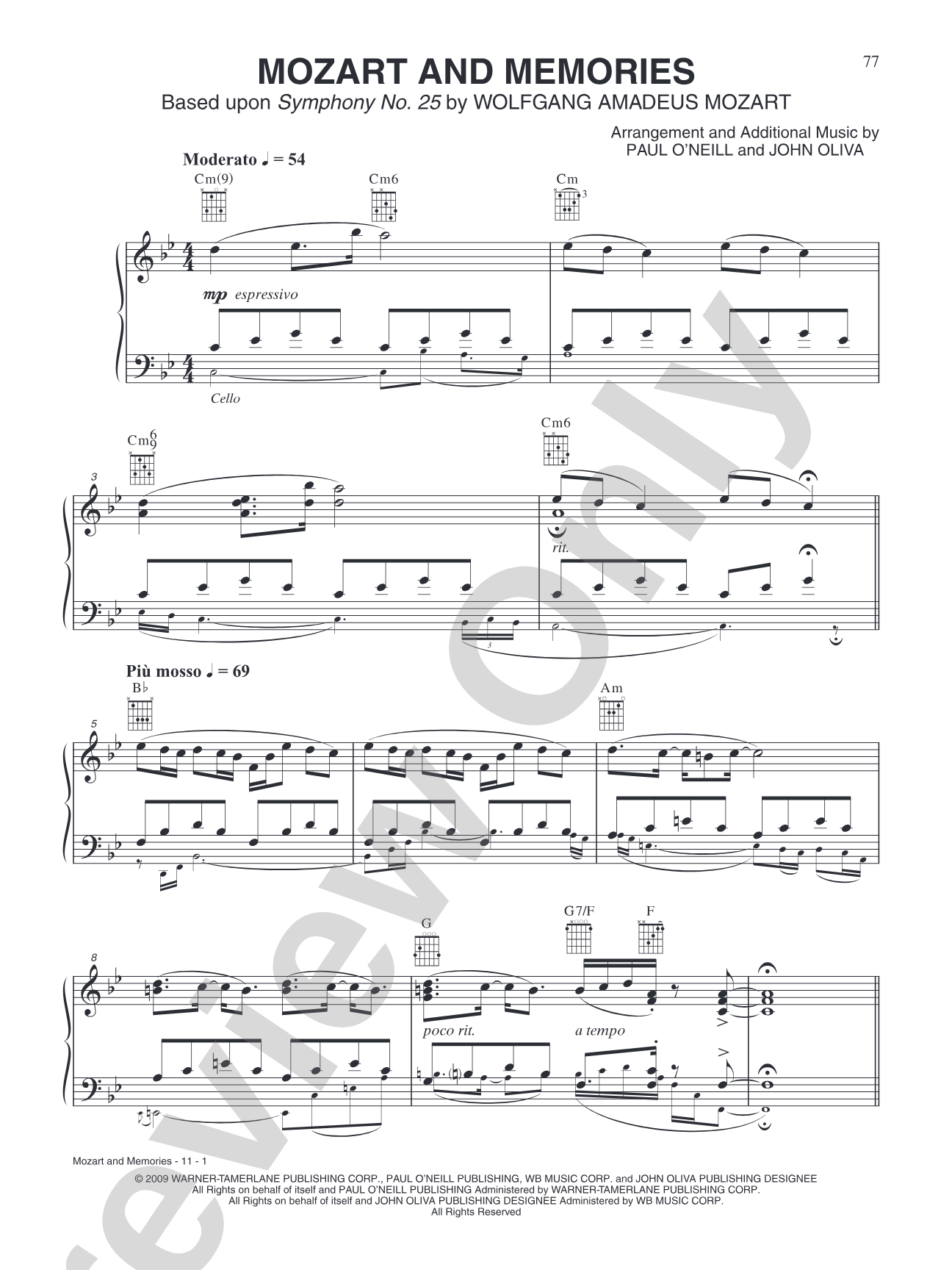Mozart and Memories: Piano/Vocal/Chords