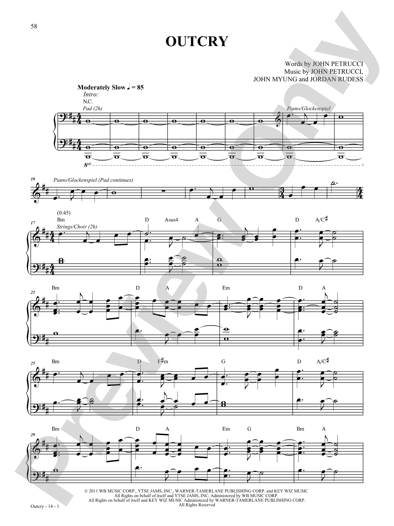 Outcry: Piano/Vocal/Chords
