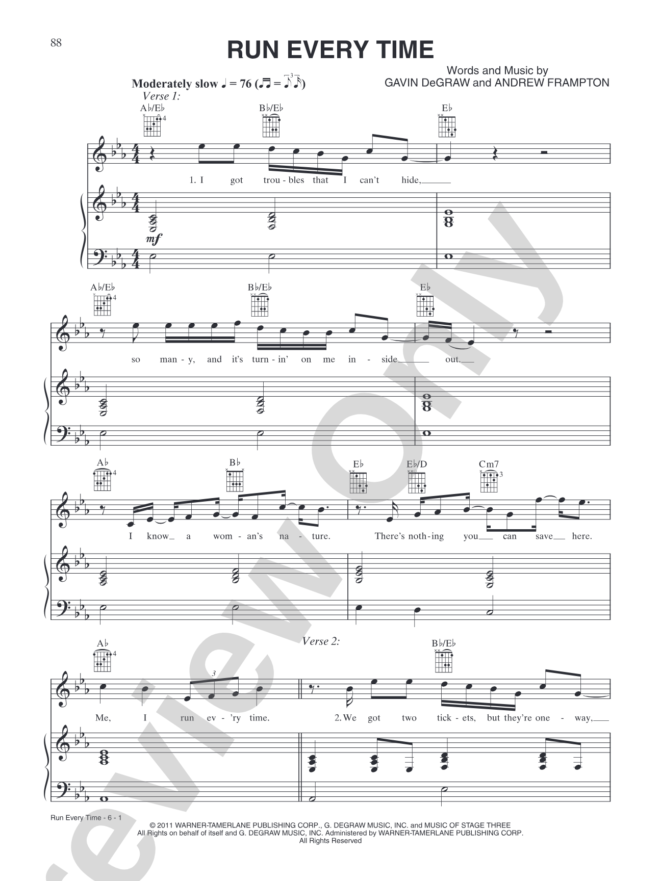 Run Every Time: Piano/Vocal/Chords