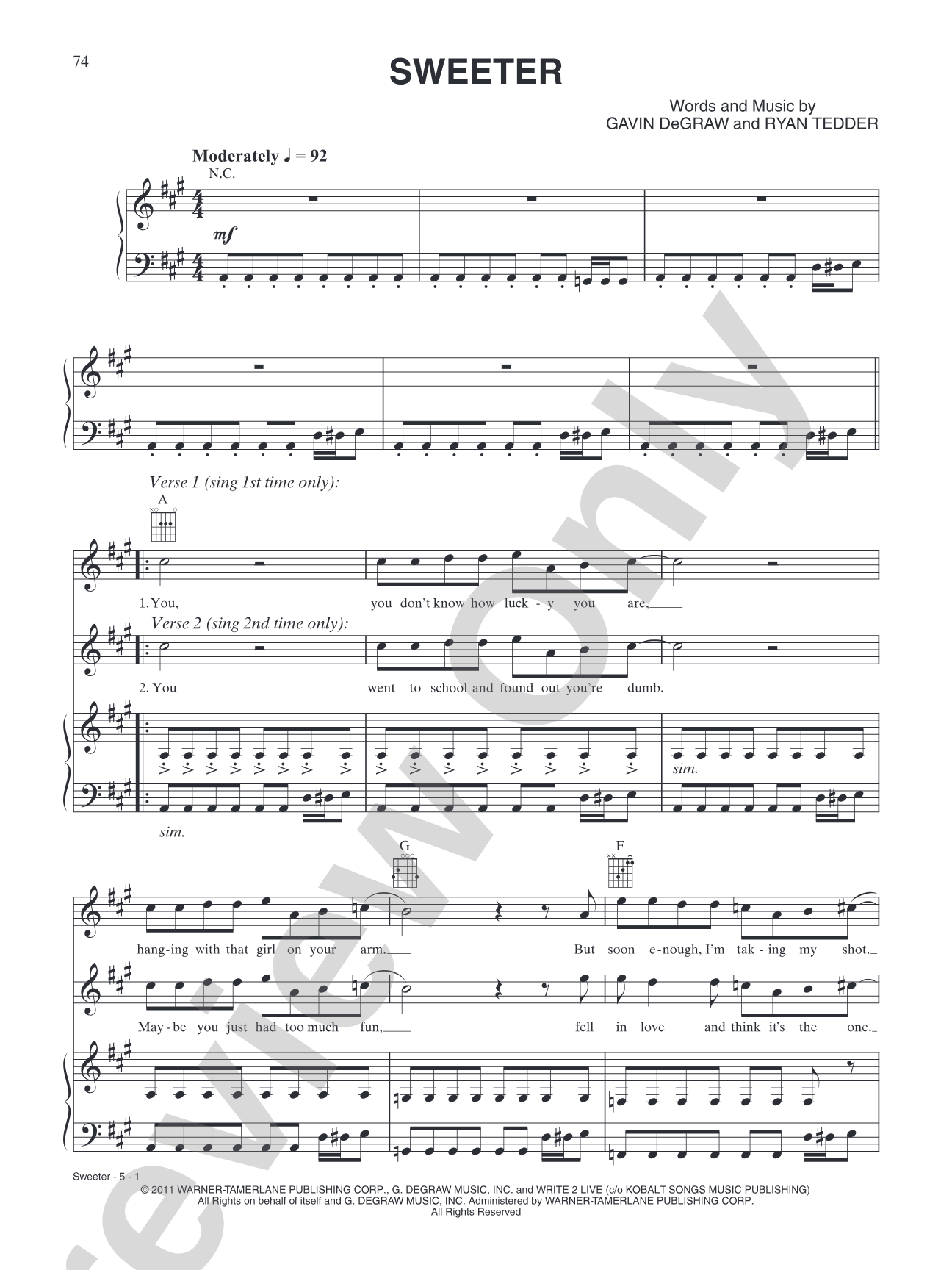 Sweeter: Piano/Vocal/Chords