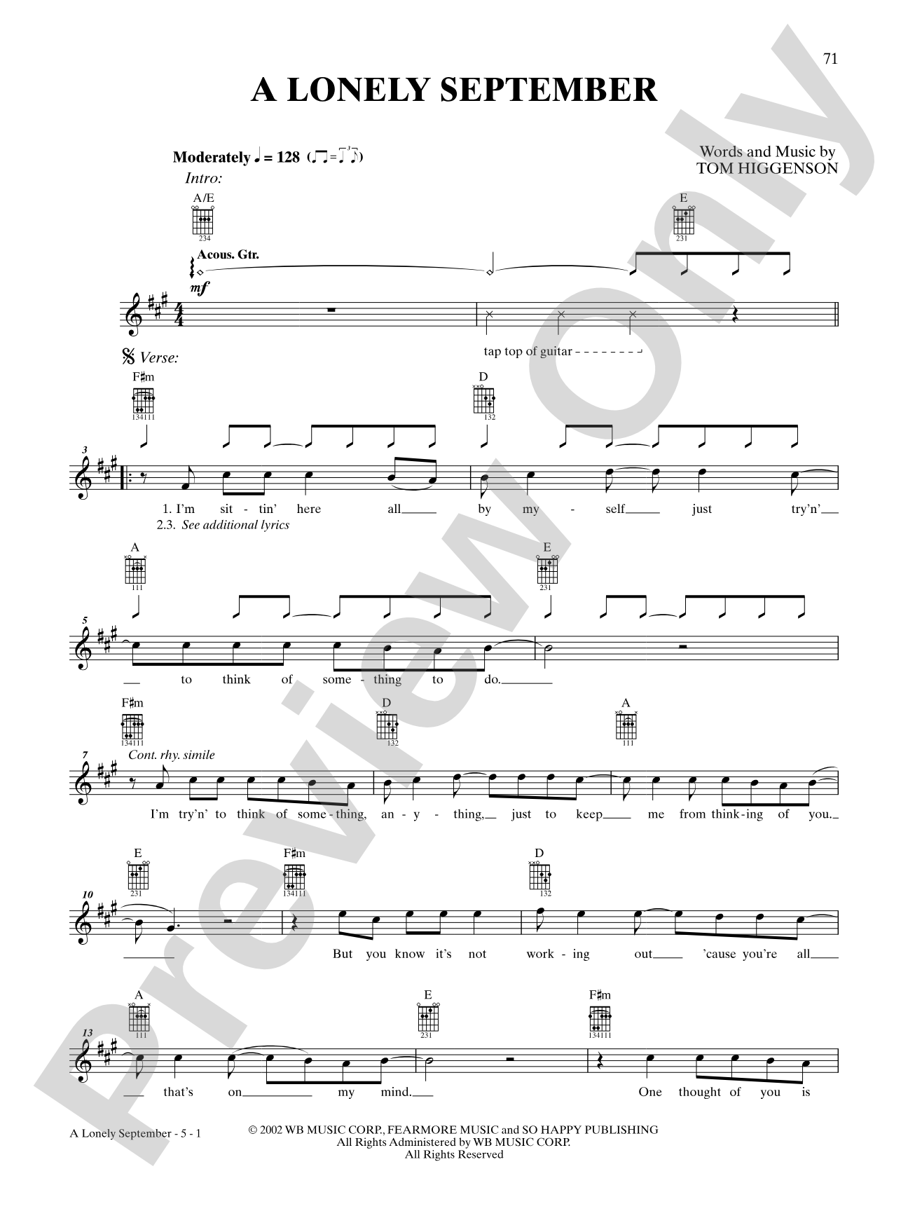 A Lonely September: Authentic Guitar TAB