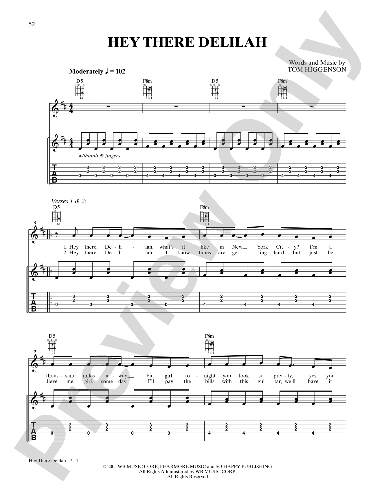 Hey There Delilah: Authentic Guitar TAB
