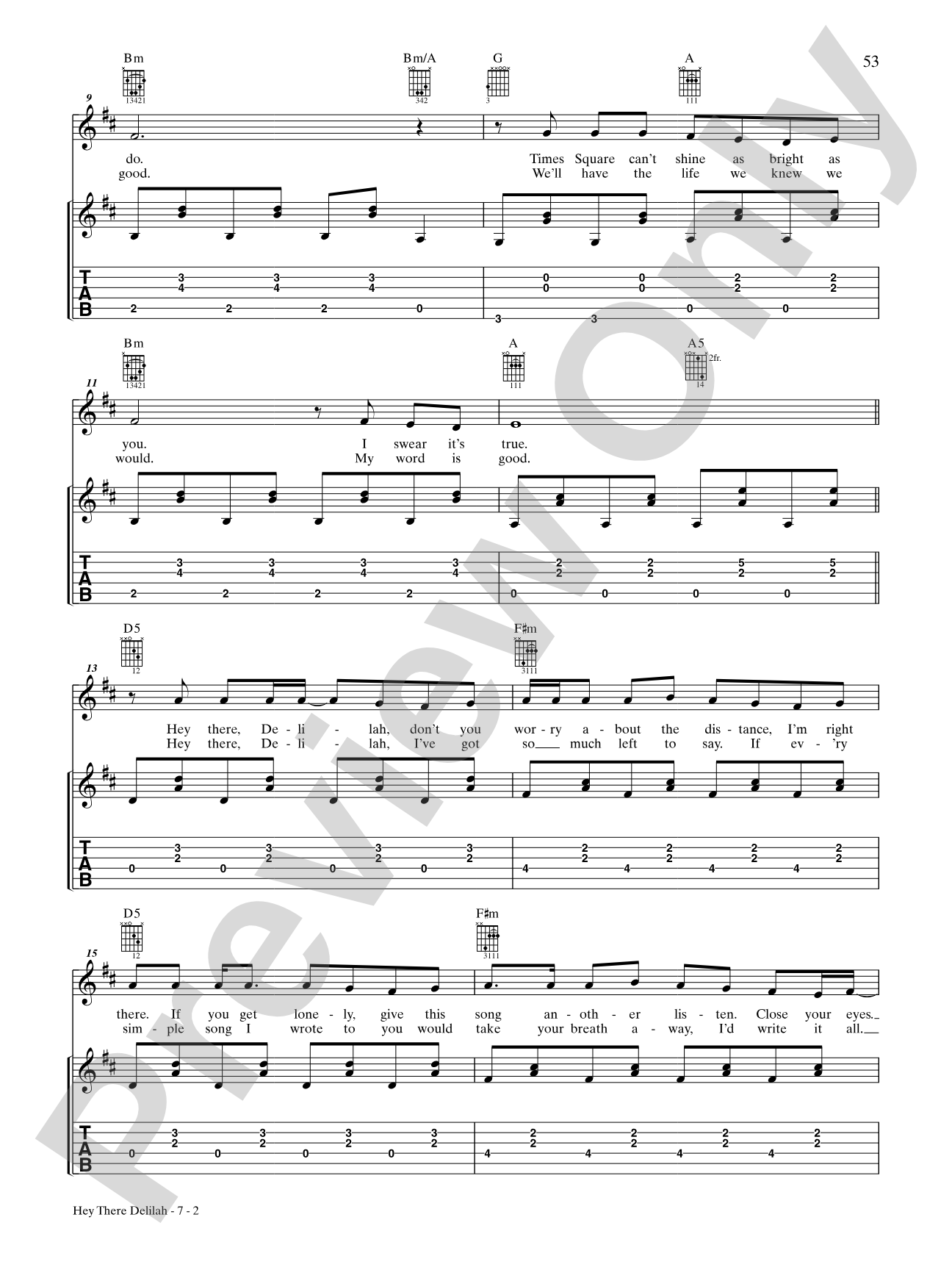 Hey There Delilah: Authentic Guitar TAB