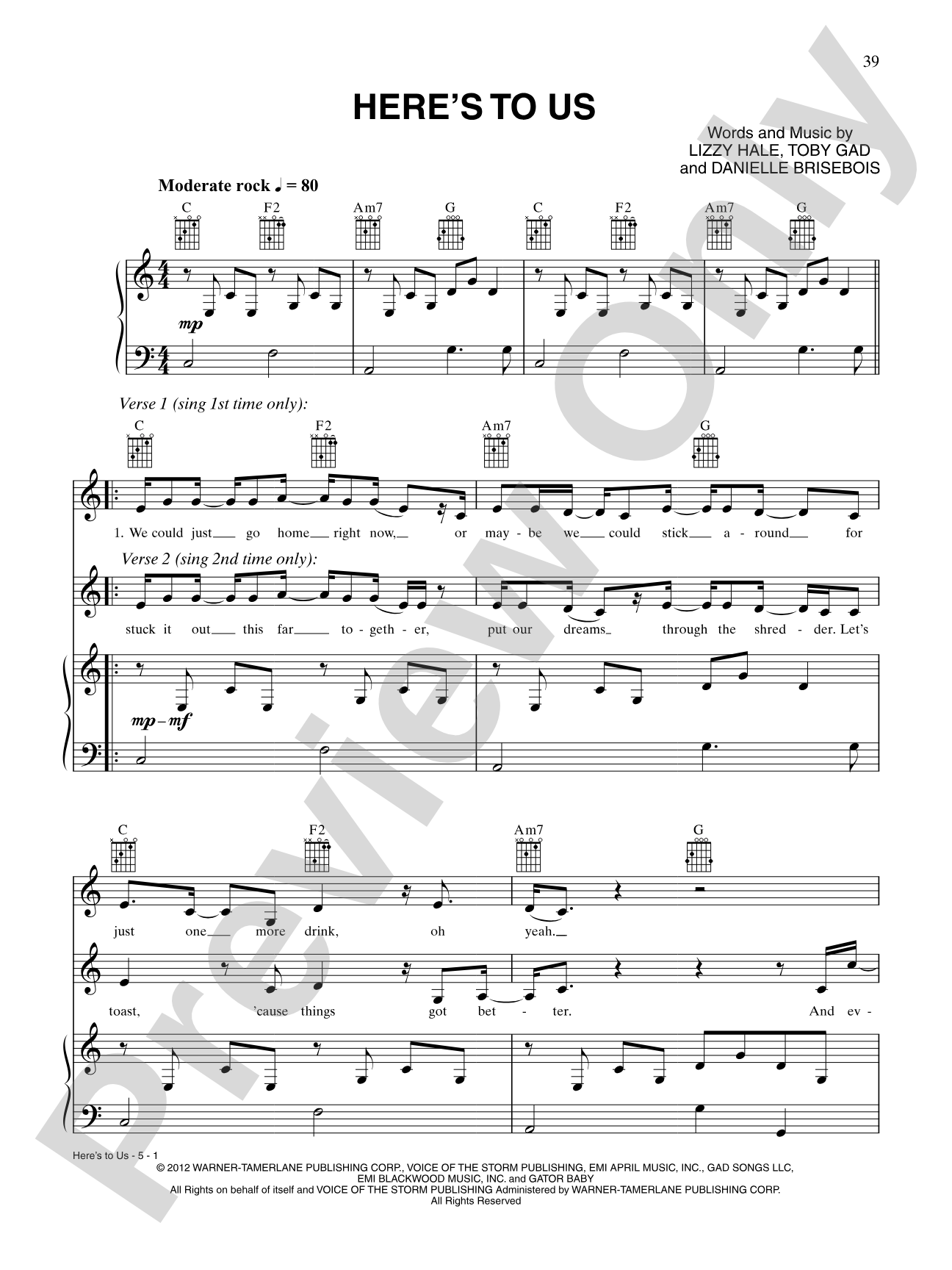 Here's to Us (as heard on "Glee"): Piano/Vocal/Chords