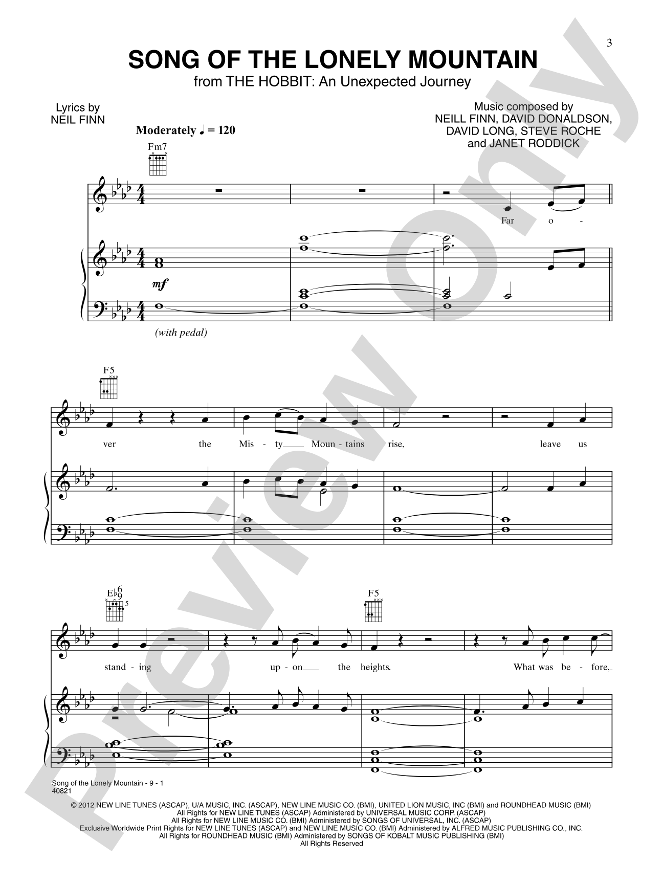 Song of the Lonely Mountain<BR>(from "The Hobbit: An Unexpected Journey"): Piano/Vocal/Chords