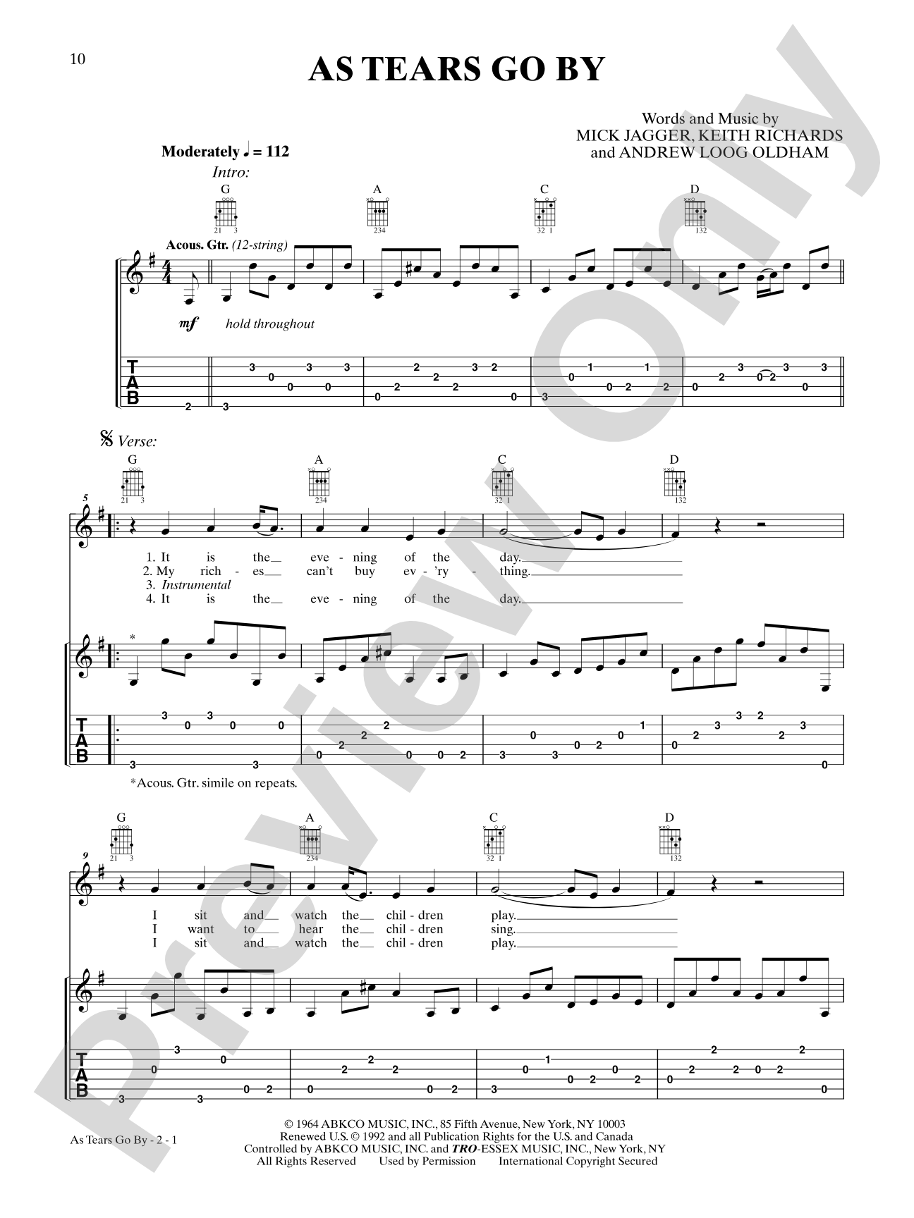 As Tears Go By: Guitar TAB