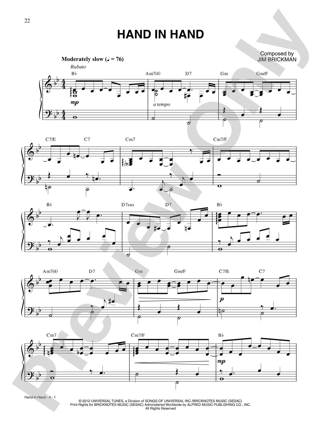 Hand in Hand: Piano/Vocal/Chords