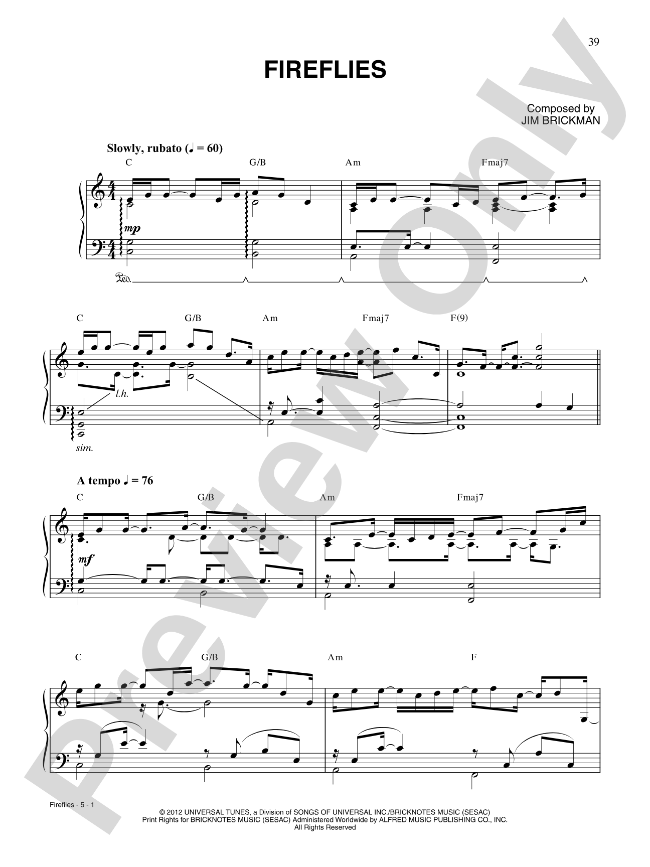 Fireflies: Piano/Vocal/Chords