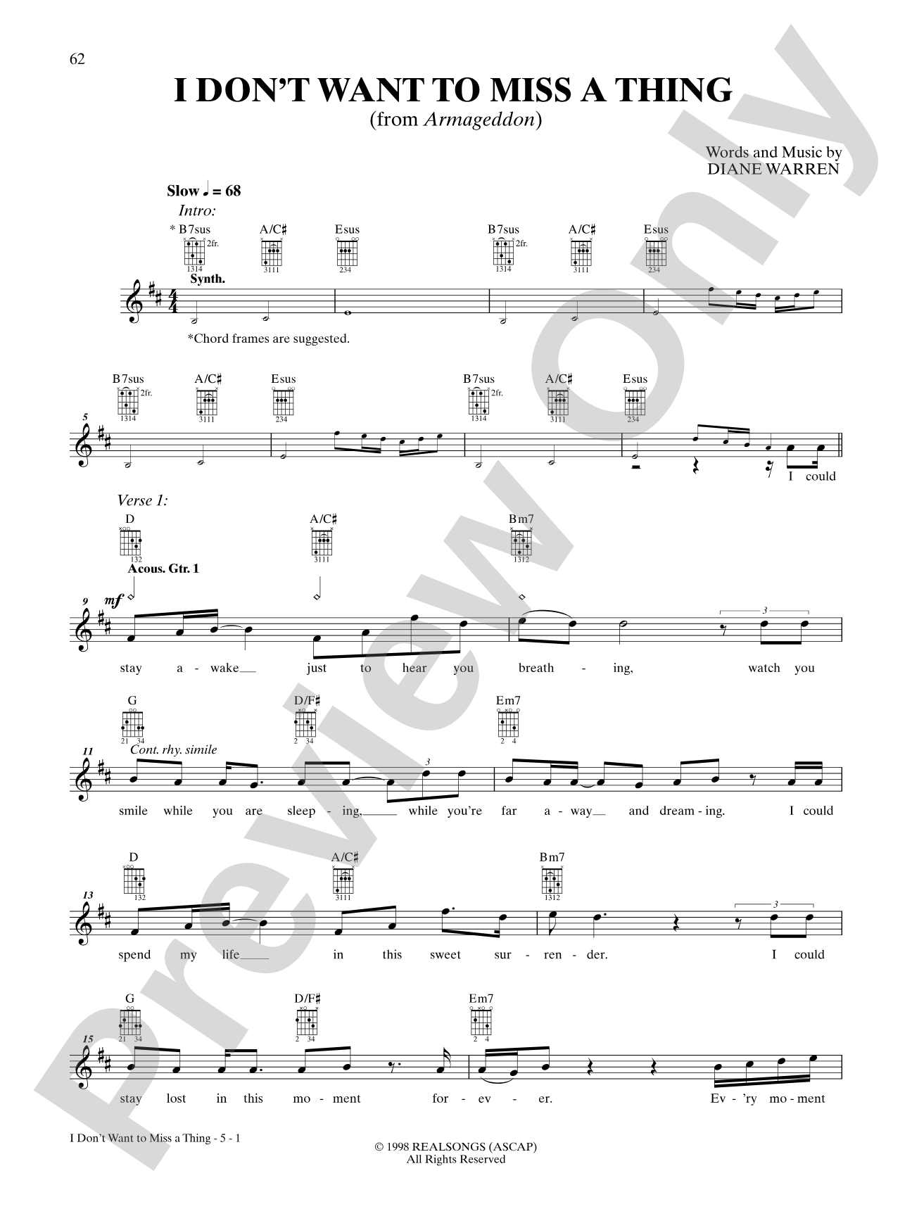 I Don't Want to Miss a Thing (from "Armageddon"): Guitar TAB