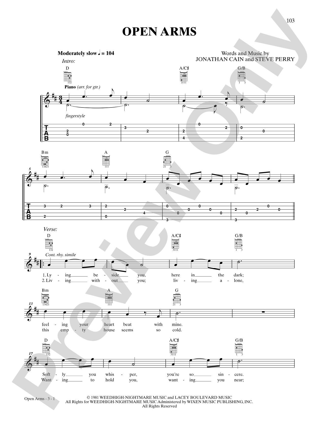 Open Arms: Guitar TAB
