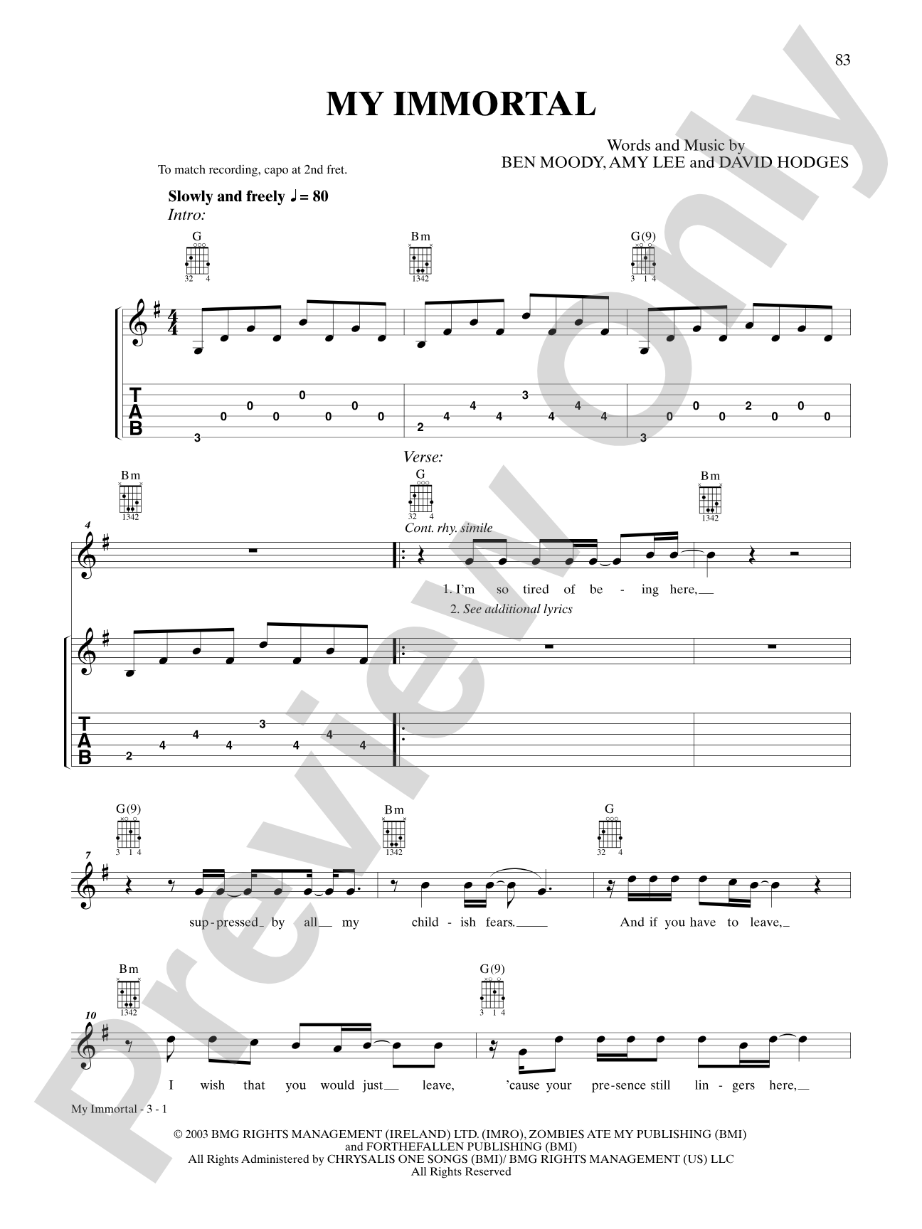 My Immortal: Guitar TAB
