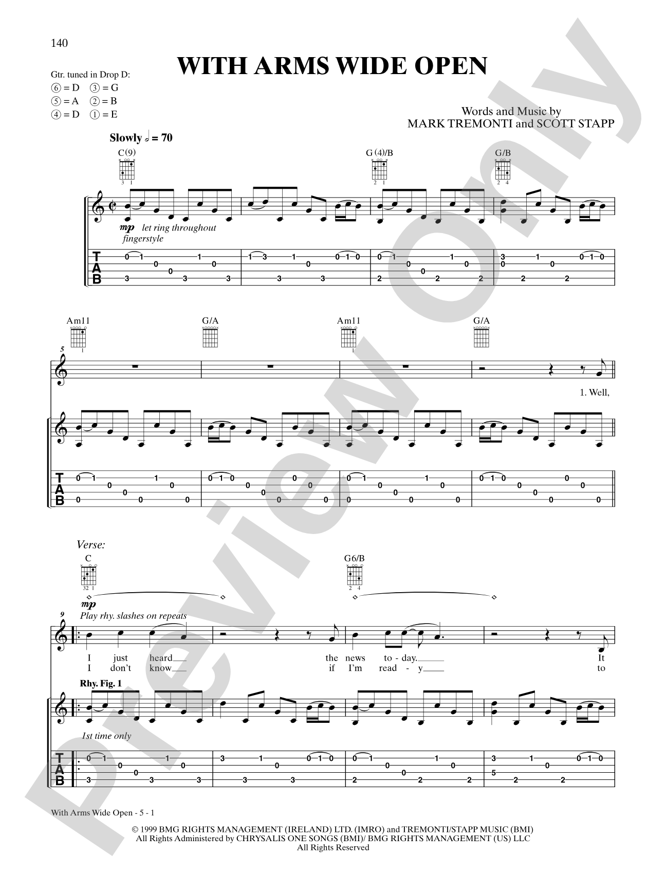 With Arms Wide Open: Guitar TAB