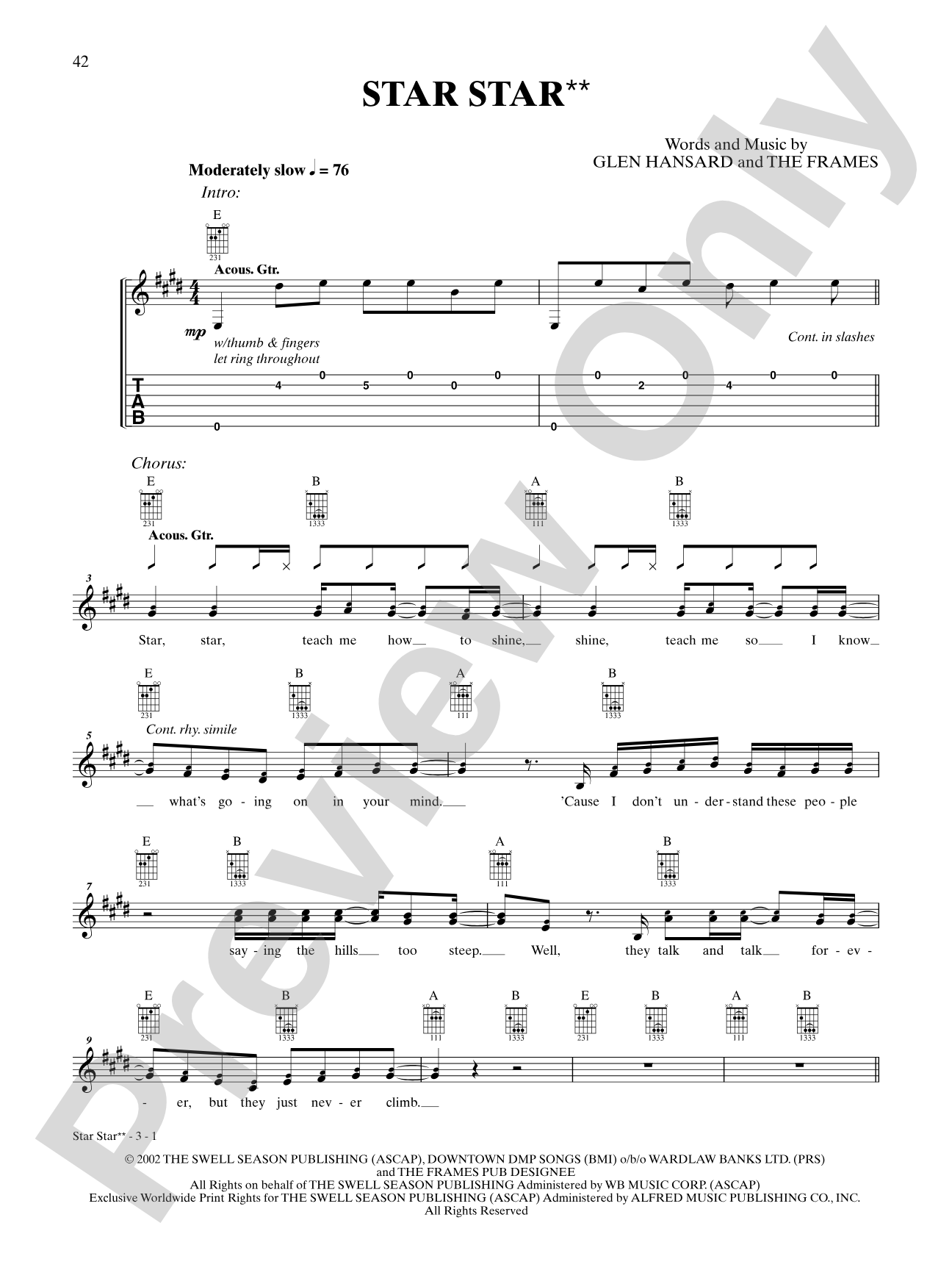 Star Star Guitar TAB Glen Hansard Digital Sheet Music Download Star Star Guitar TAB Glen Hansard Digital Sheet Music Download