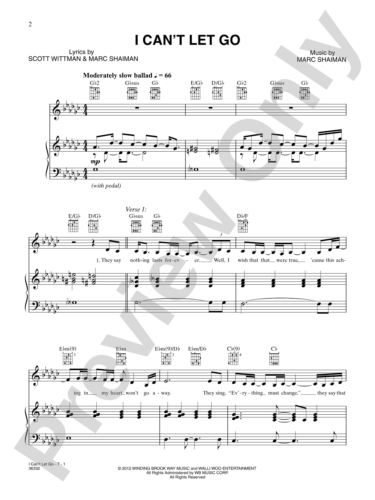 I Can't Let Go: Piano/Vocal/Chords
