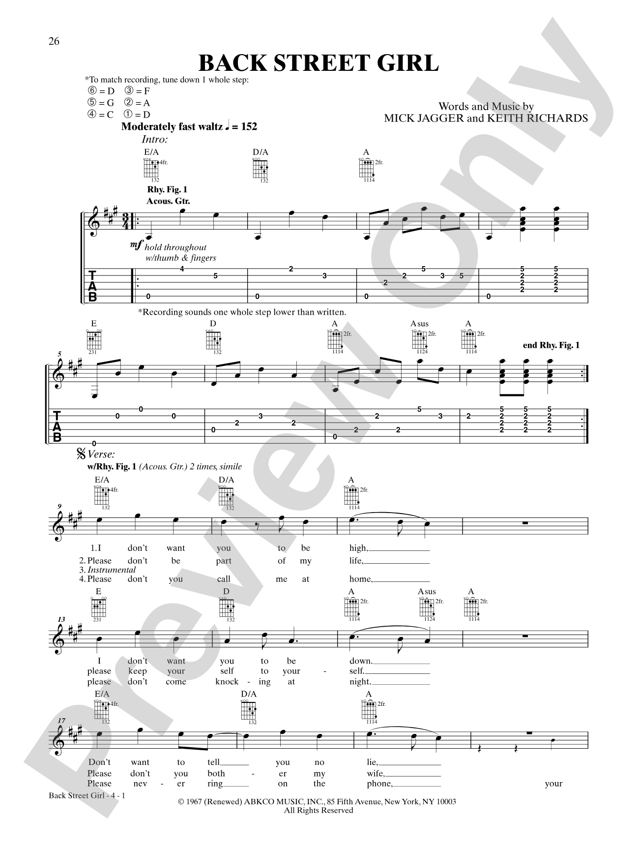 Back Street Girl: Authentic Guitar TAB