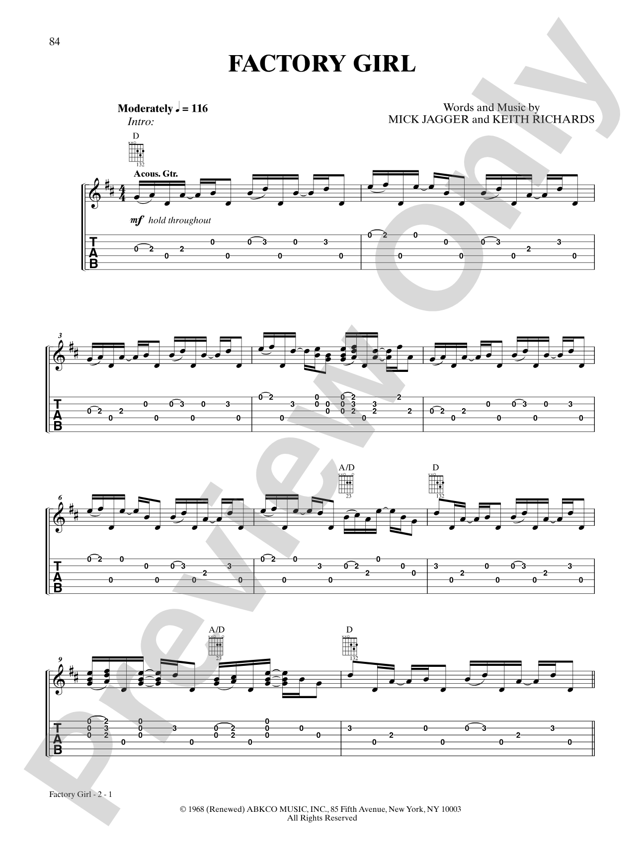 Factory Girl: Authentic Guitar TAB