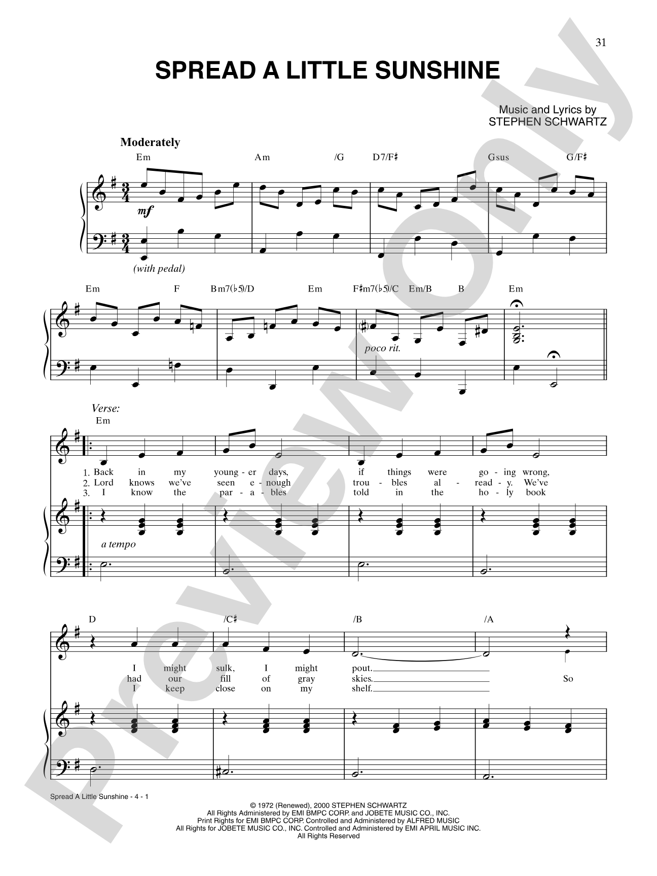 Spread a Little Sunshine (from Pippin): Piano/Vocal/Chords