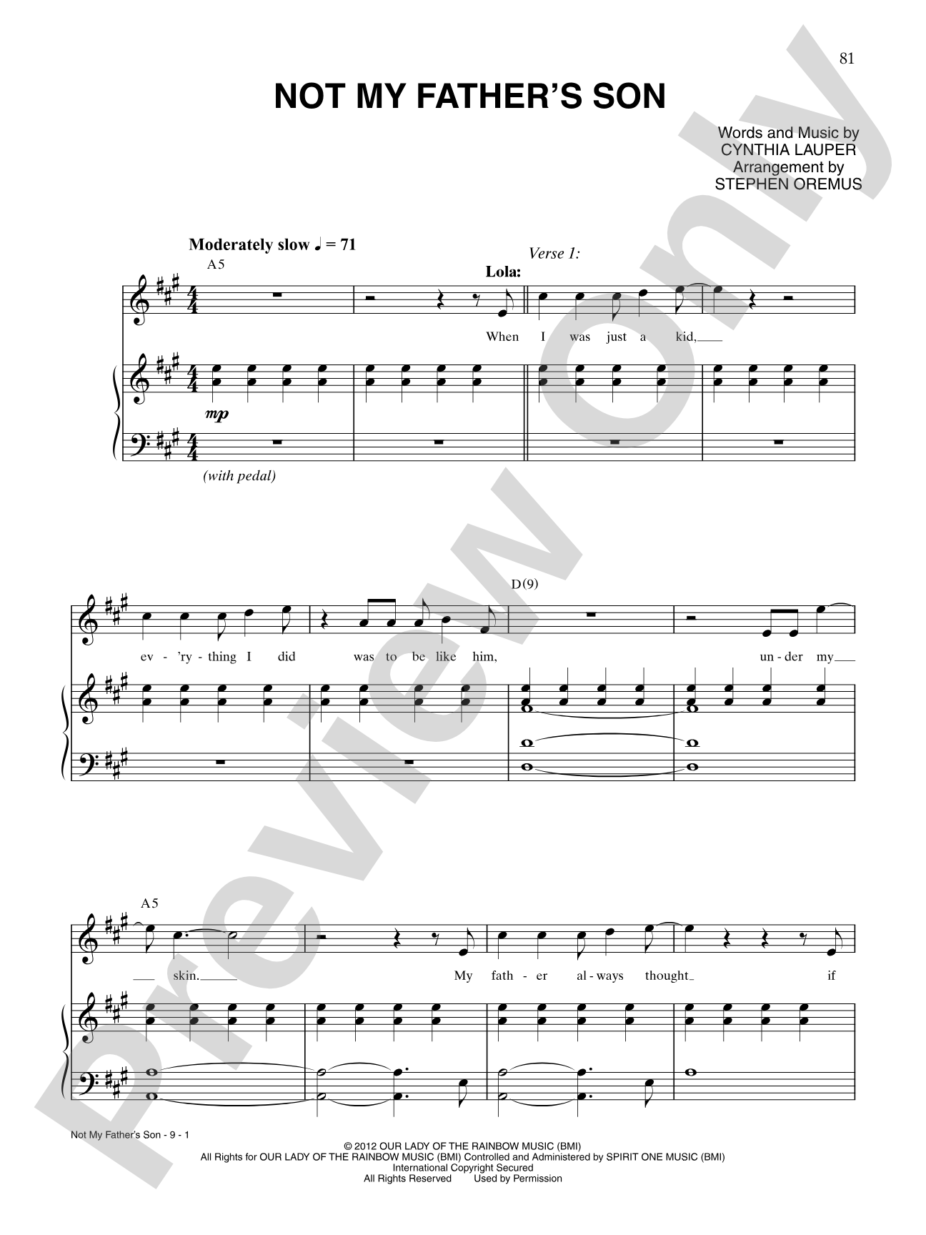 Not My Father's Son (from Kinky Boots): Piano/Vocal/Chords