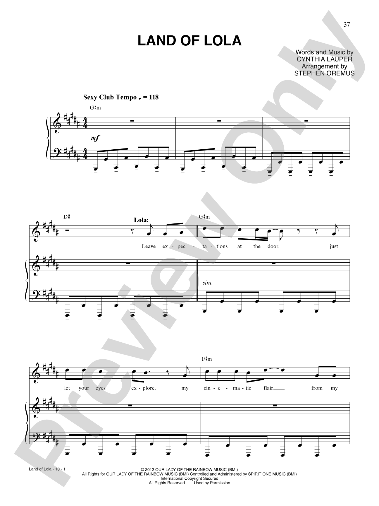 Land of Lola (from Kinky Boots): Piano/Vocal/Chords