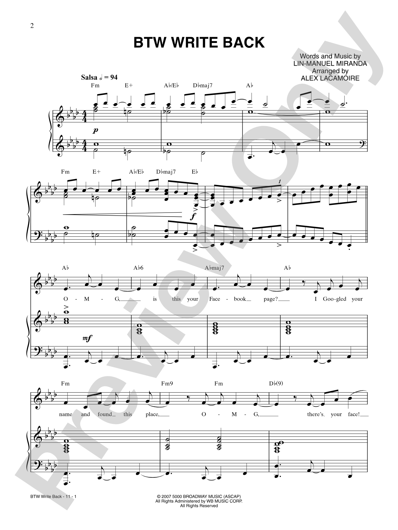BTW Write Back: Piano/Vocal/Chords Digital Sheet Music