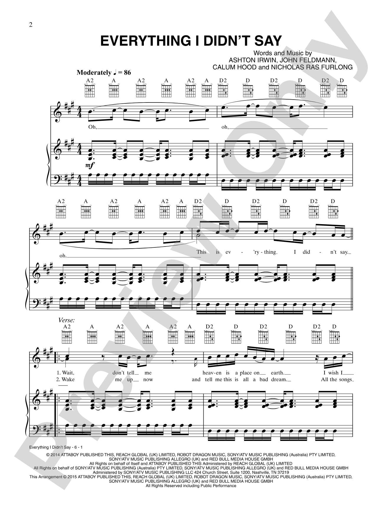 Everything I Didn't Say: Piano/Vocal/Guitar Digital Sheet Music