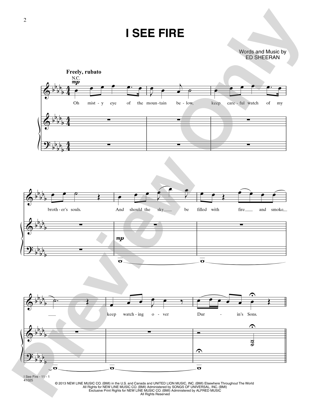 I See Fire (from The Hobbit: The Desolation of Smaug): Piano/Vocal/Guitar