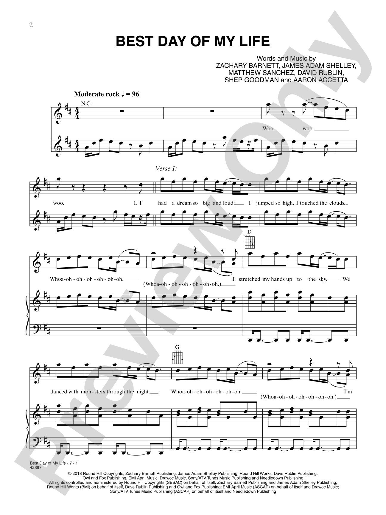 Best Day of My Life: Piano/Vocal/Chords