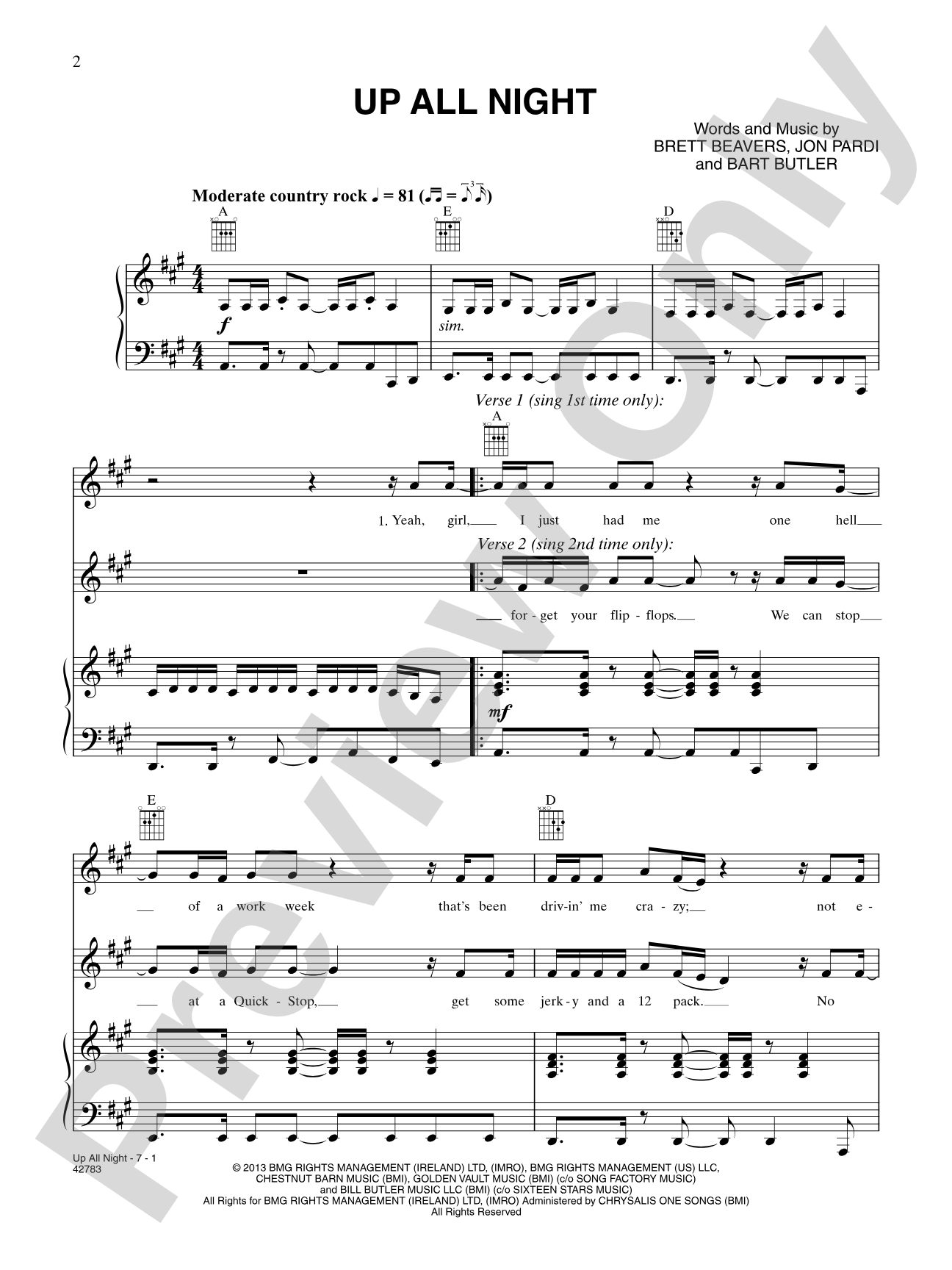 Up All Night: Piano/Vocal/Chords