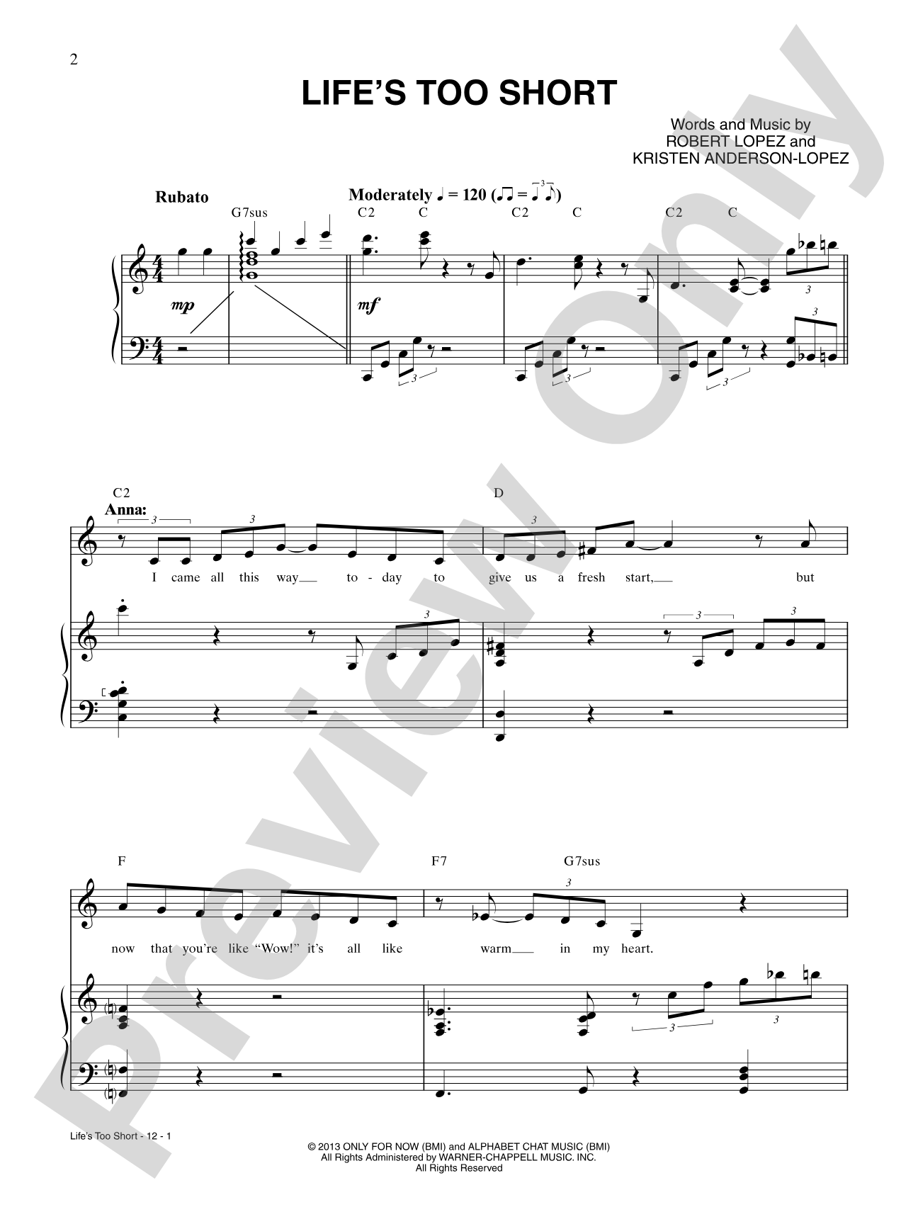 Life's Too Short (from Disney's Frozen): Piano/Vocal/Chords Digital Sheet Music