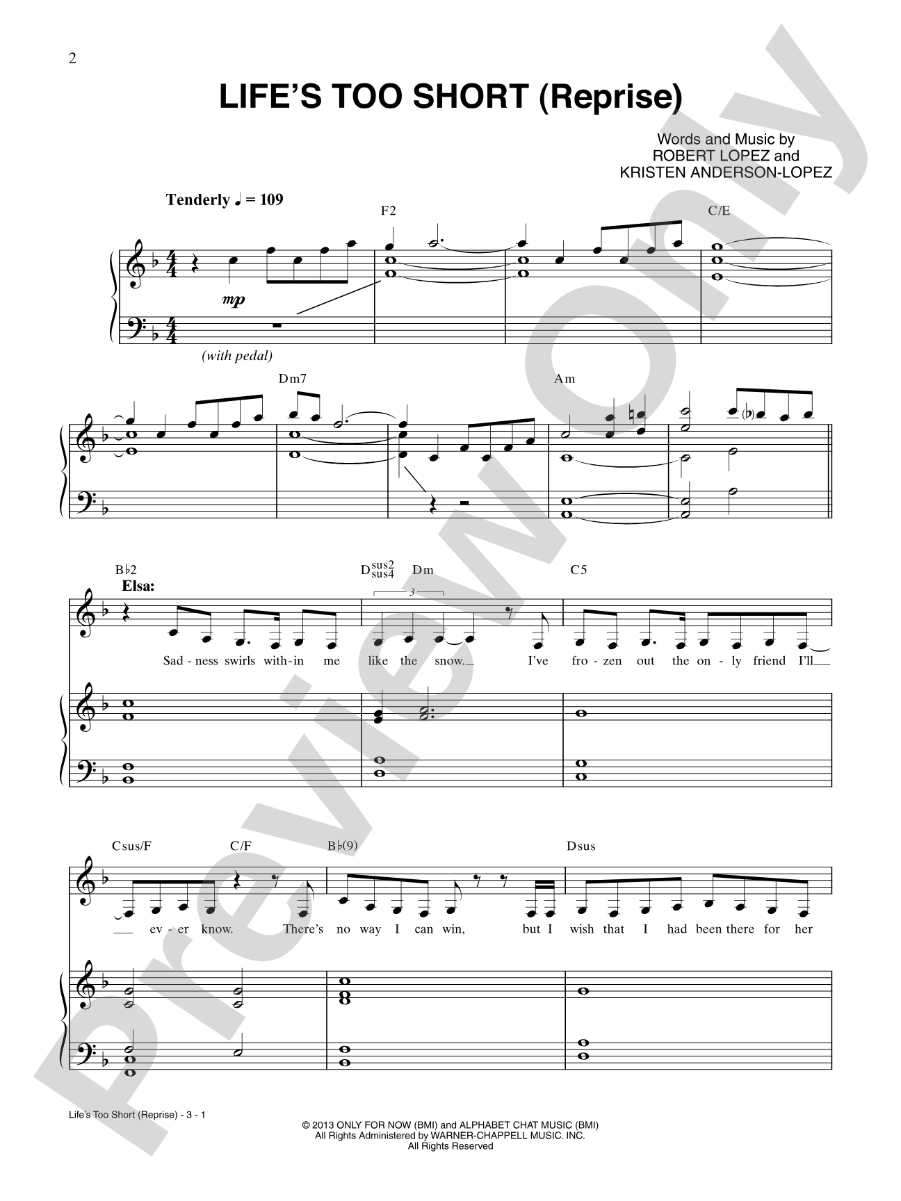 Life's Too Short (Reprise) (from Disney's Frozen): Piano/Vocal/Chords Digital Sheet Music