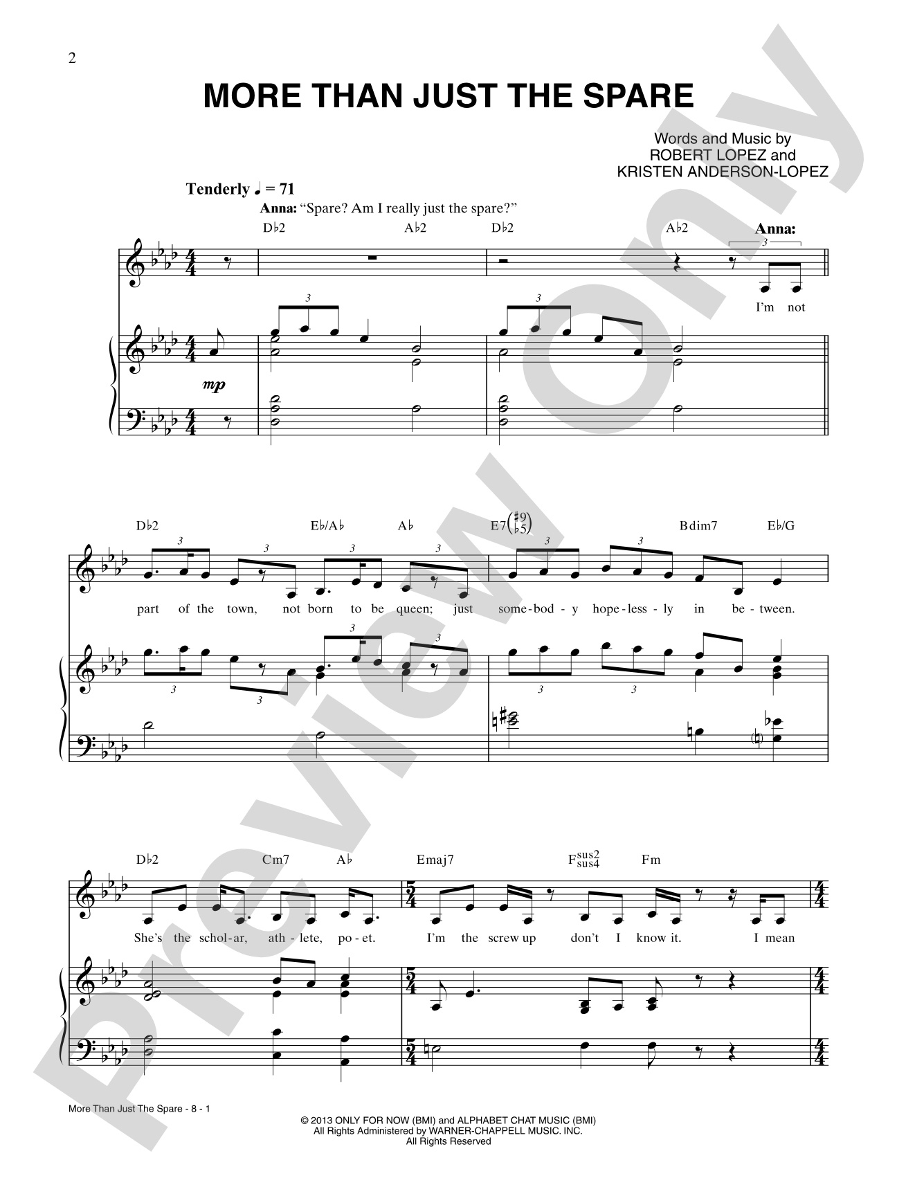 More Than Just the Spare  (from Disney's Frozen): Piano/Vocal/Chords Digital Sheet Music