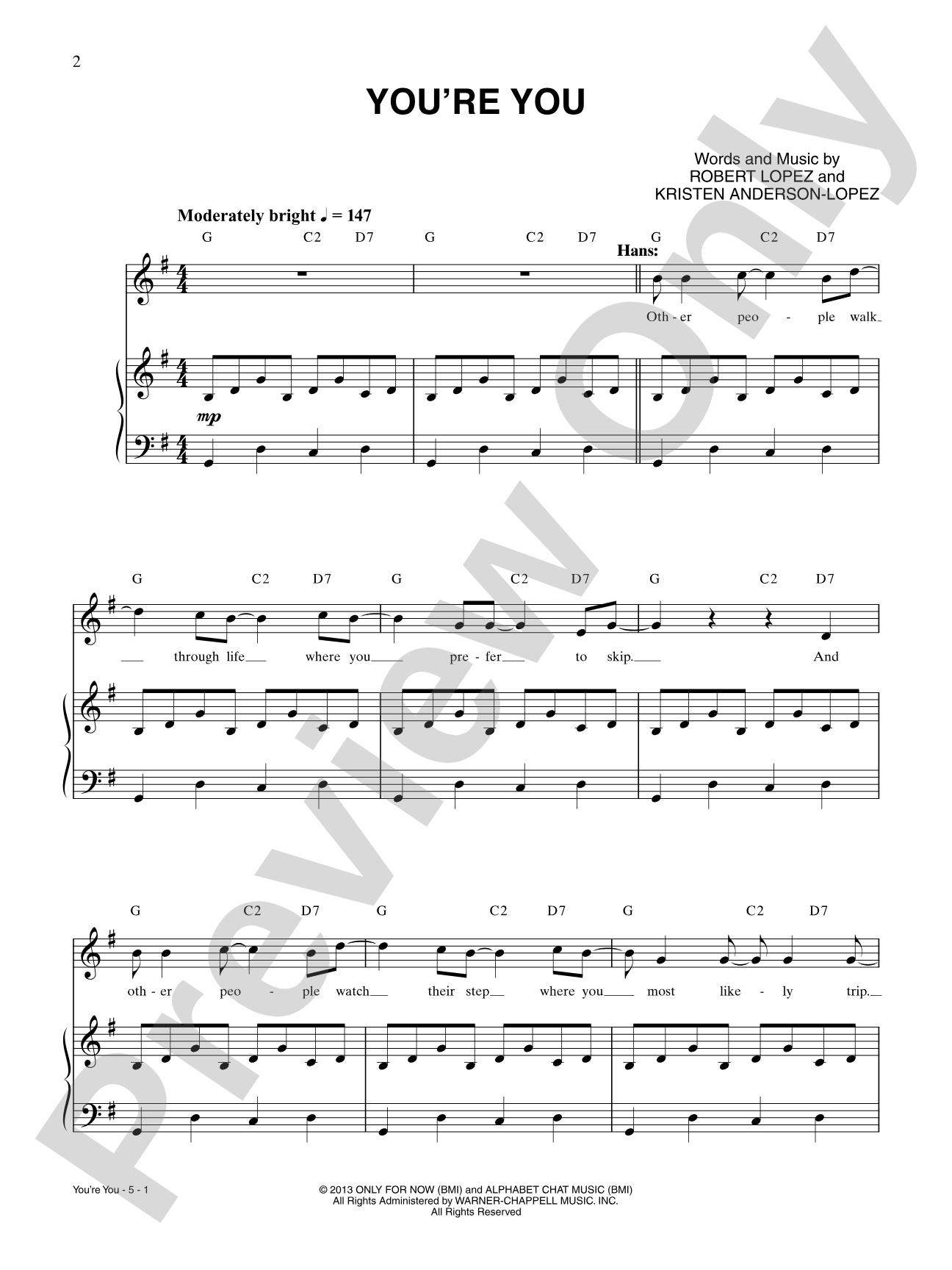 You're You (from Disney's Frozen): Piano/Vocal/Chords Digital Sheet Music