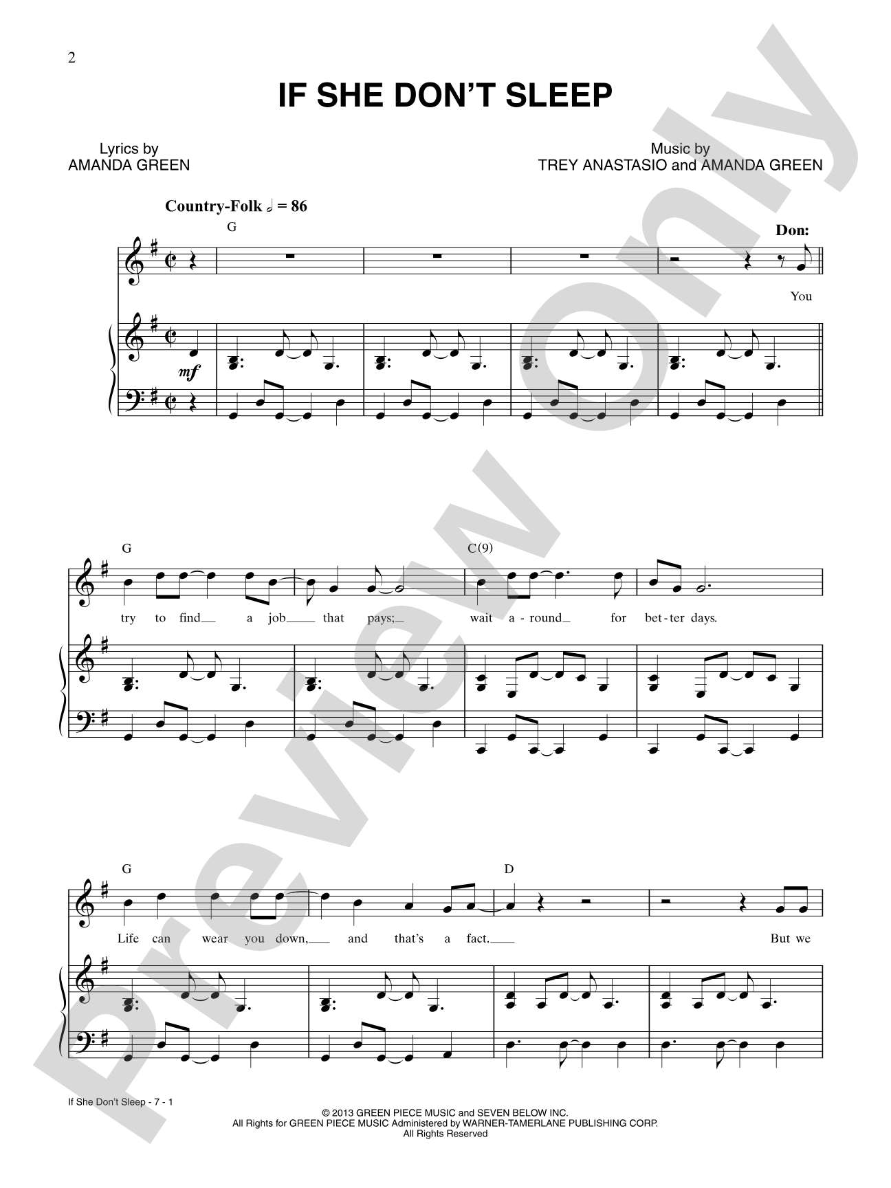 If She Don't Sleep: Piano/Vocal/Chords Digital Sheet Music